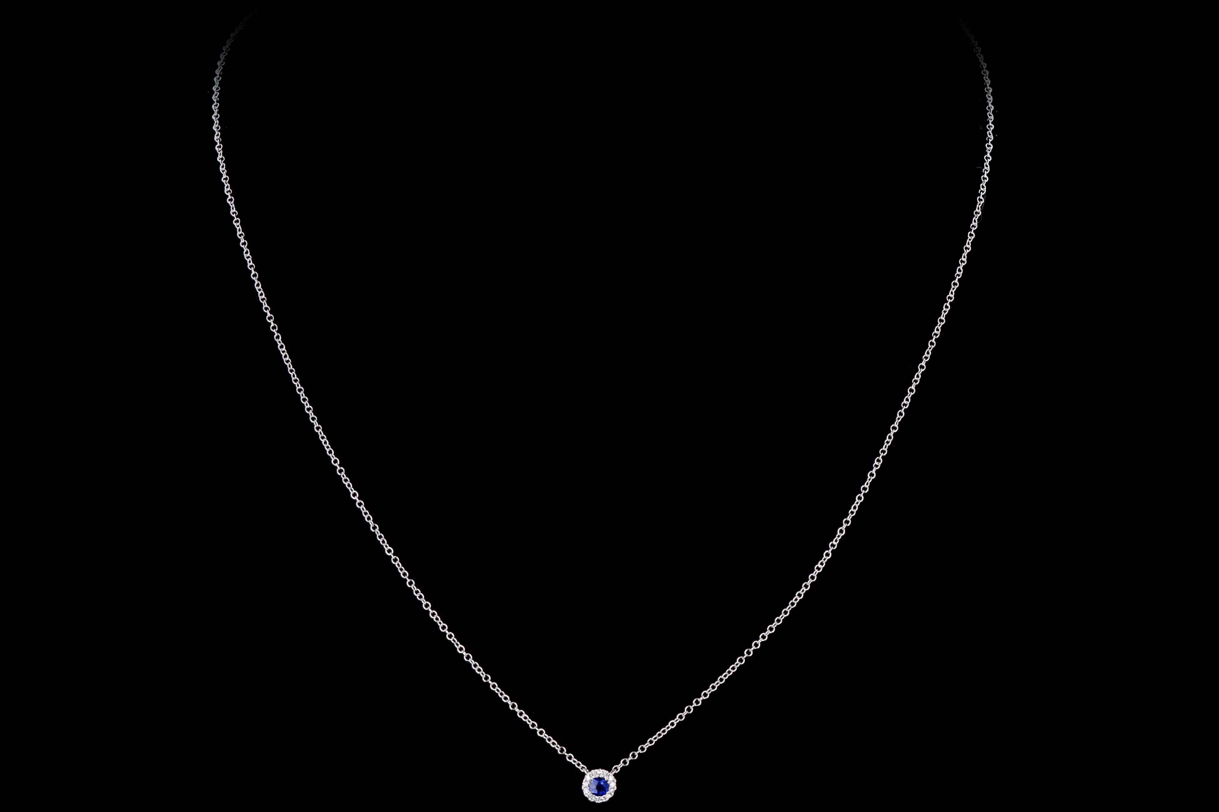 14K White Gold Sapphire & Diamond Halo Pendant Necklace