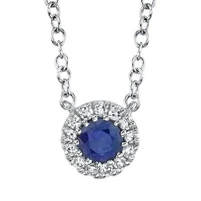 14K White Gold Sapphire & Diamond Halo Pendant Necklace