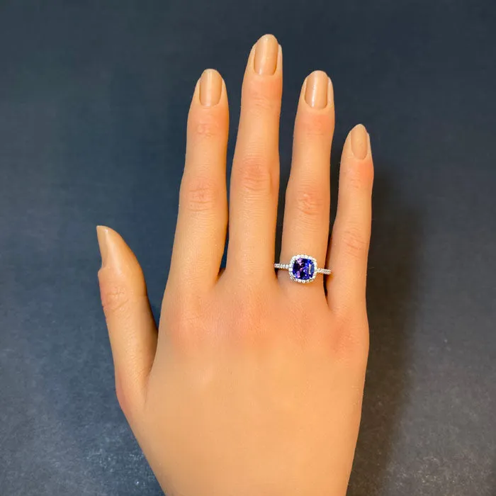 14K White Gold Square Cushion Tanzanite and Diamond Ring 1.73 Carats