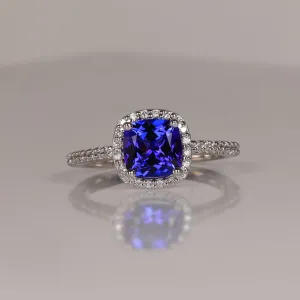 14K White Gold Square Cushion Tanzanite and Diamond Ring 1.73 Carats