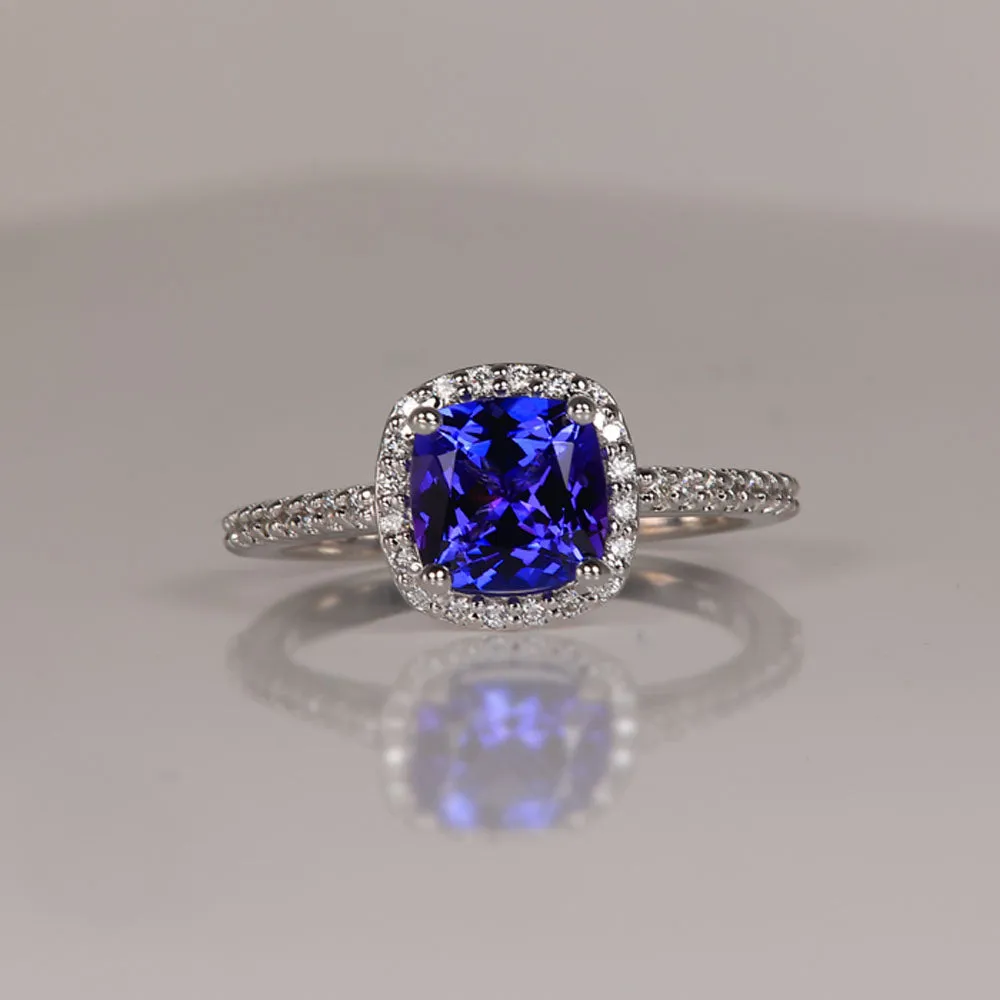 14K White Gold Square Cushion Tanzanite and Diamond Ring 1.73 Carats