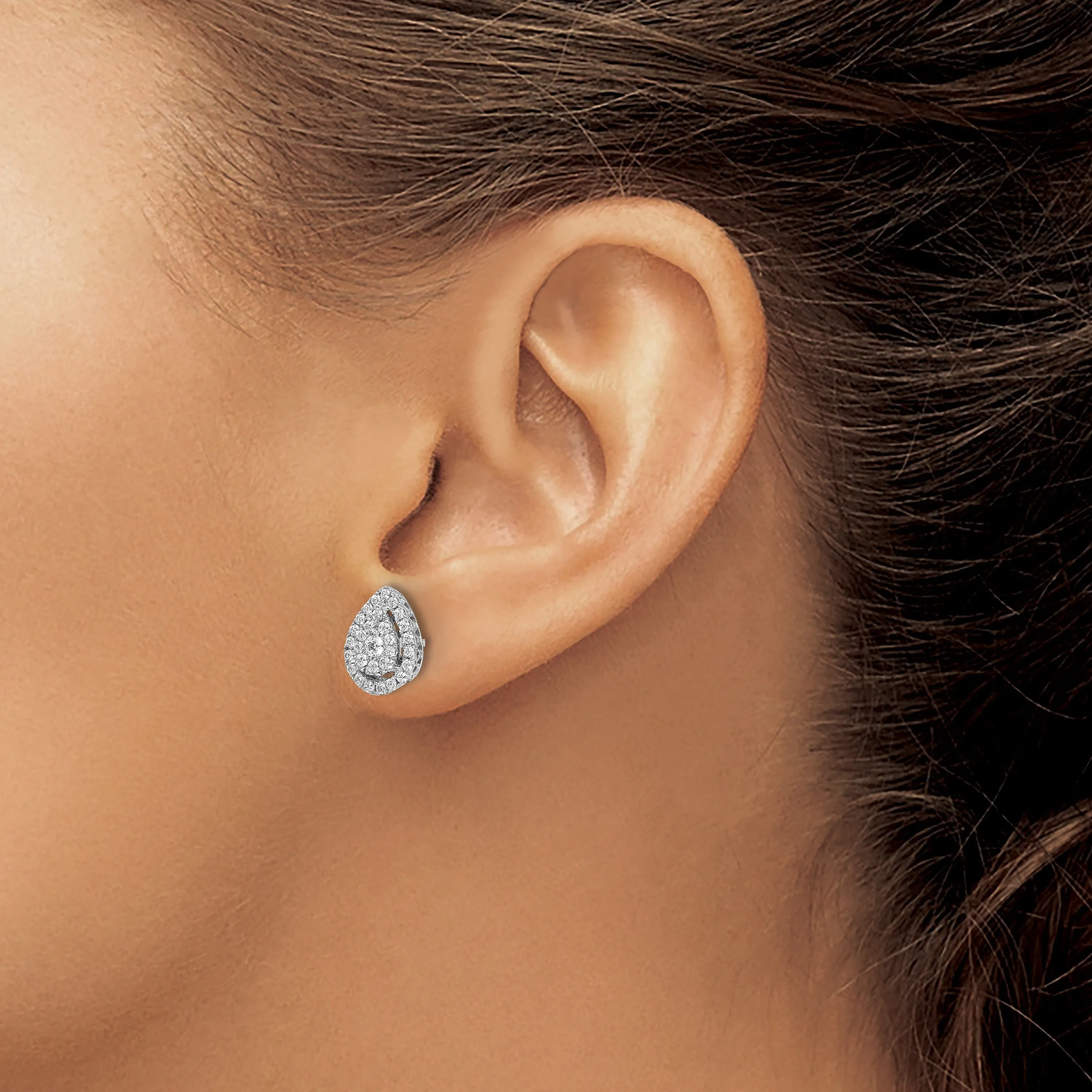 14k White Gold Teardrop Design Cluster Diamond Post Earrings