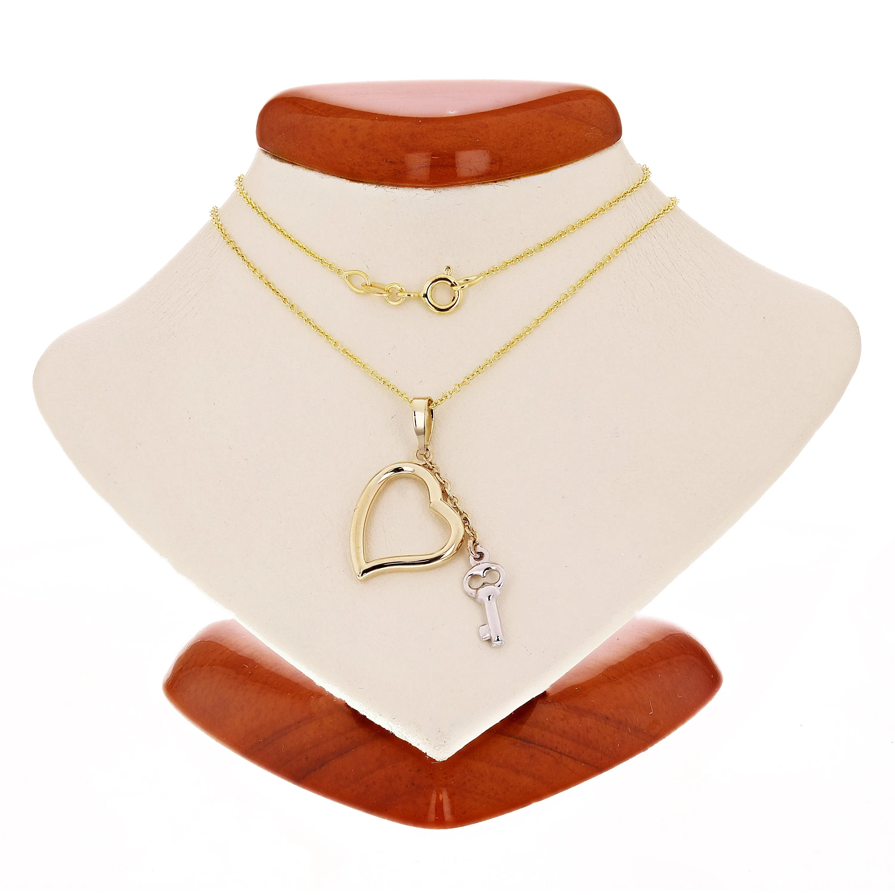 14k Yellow & White Gold Dangle Heart & Key Charm Pendant Necklace 18" Rolo 2.3g