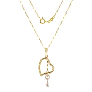 14k Yellow & White Gold Dangle Heart & Key Charm Pendant Necklace 18" Rolo 2.3g