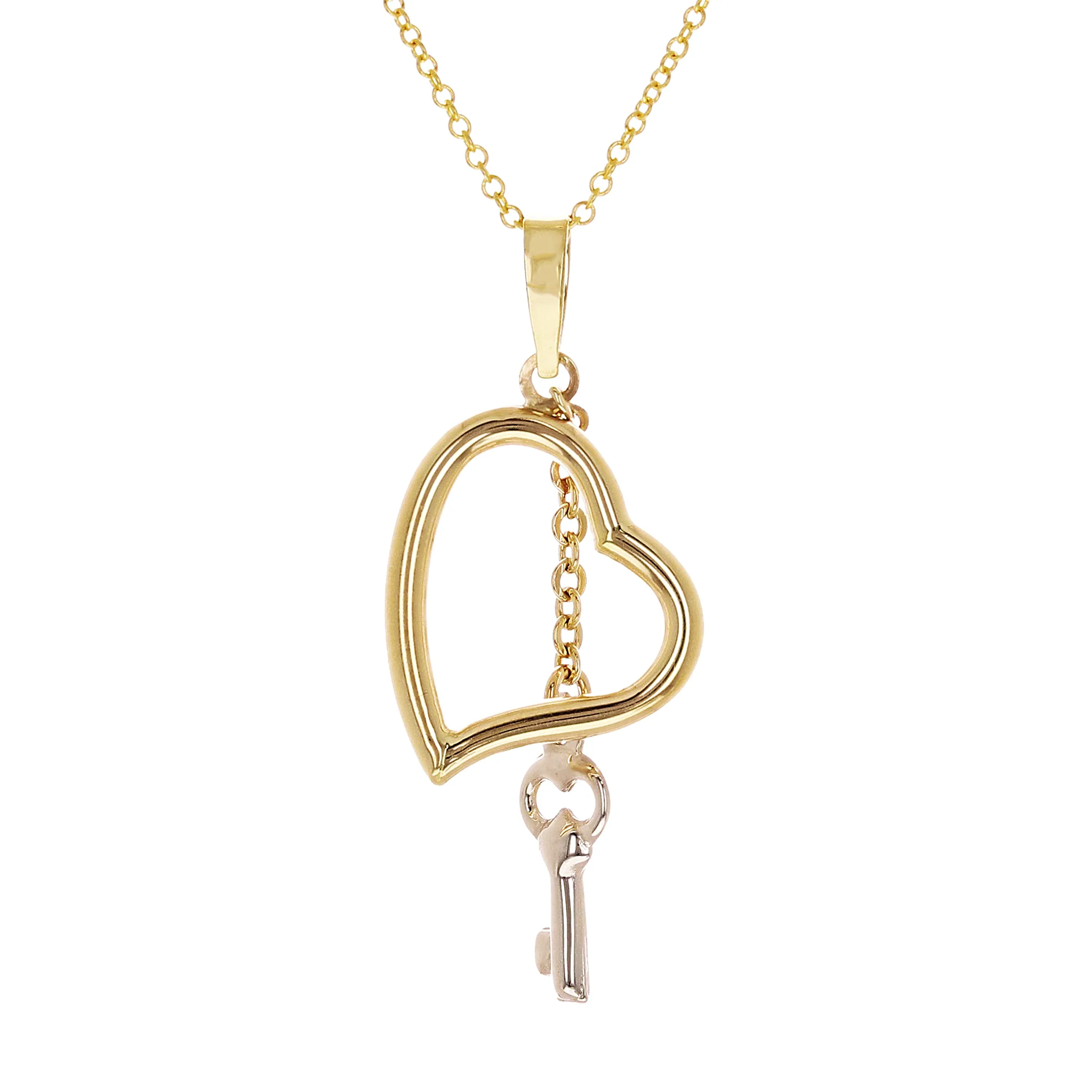 14k Yellow & White Gold Dangle Heart & Key Charm Pendant Necklace 18" Rolo 2.3g
