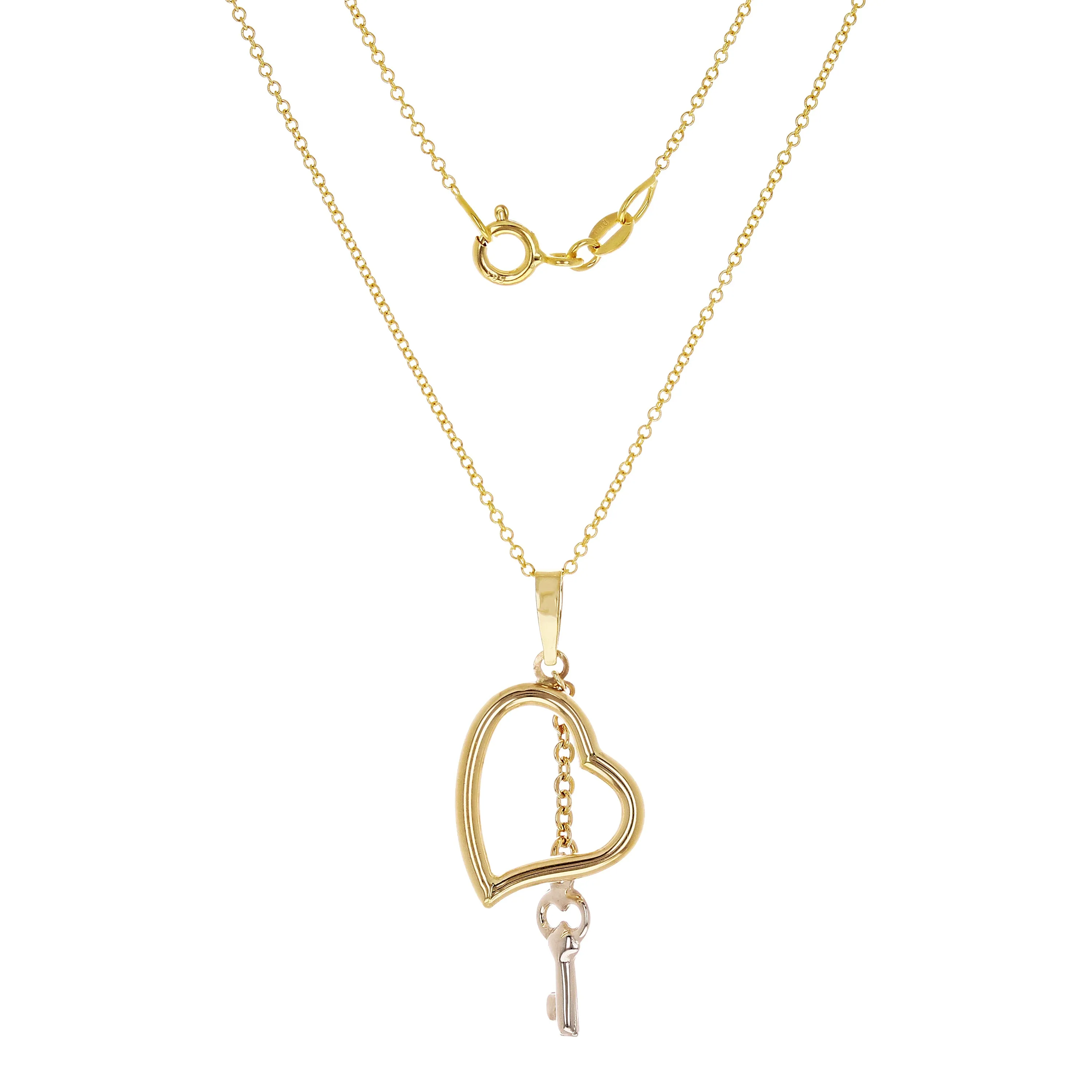 14k Yellow & White Gold Dangle Heart & Key Charm Pendant Necklace 18" Rolo 2.3g