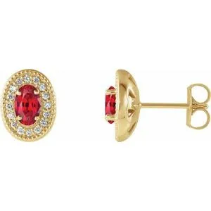 14K Yellow Chatham® Created Ruby & 1/8 CTW Diamond Halo-Style Earrings