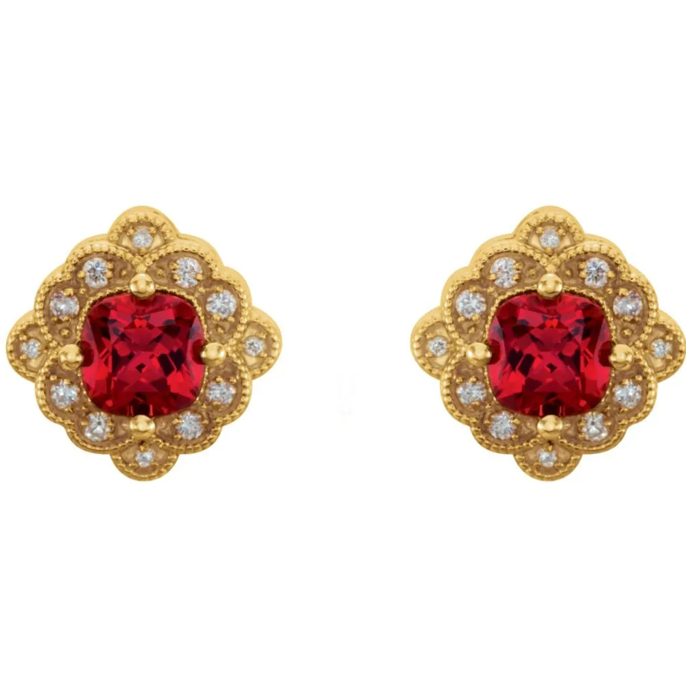 14k Yellow Gold Chatham® Created Ruby & 1/10 CTW Diamond Earrings