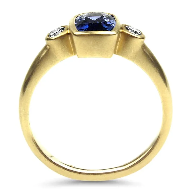 14k Yellow Gold Cushion Cut Ceylon Sapphire and Diamond Ring