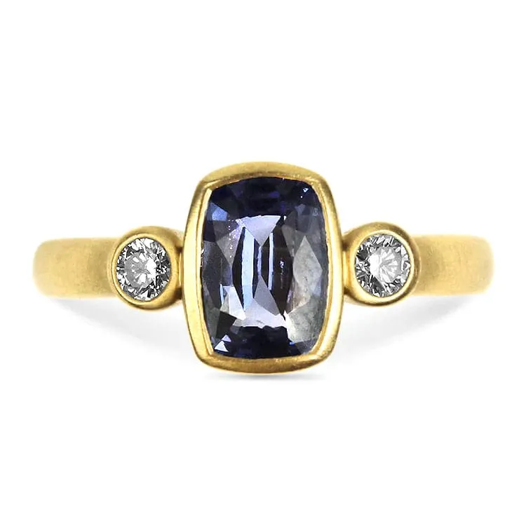 14k Yellow Gold Cushion Cut Ceylon Sapphire and Diamond Ring