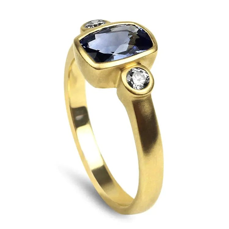 14k Yellow Gold Cushion Cut Ceylon Sapphire and Diamond Ring