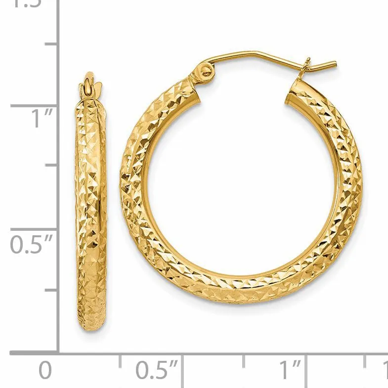 14k Yellow Gold Diamond Cut 3MM Hoop Earrings