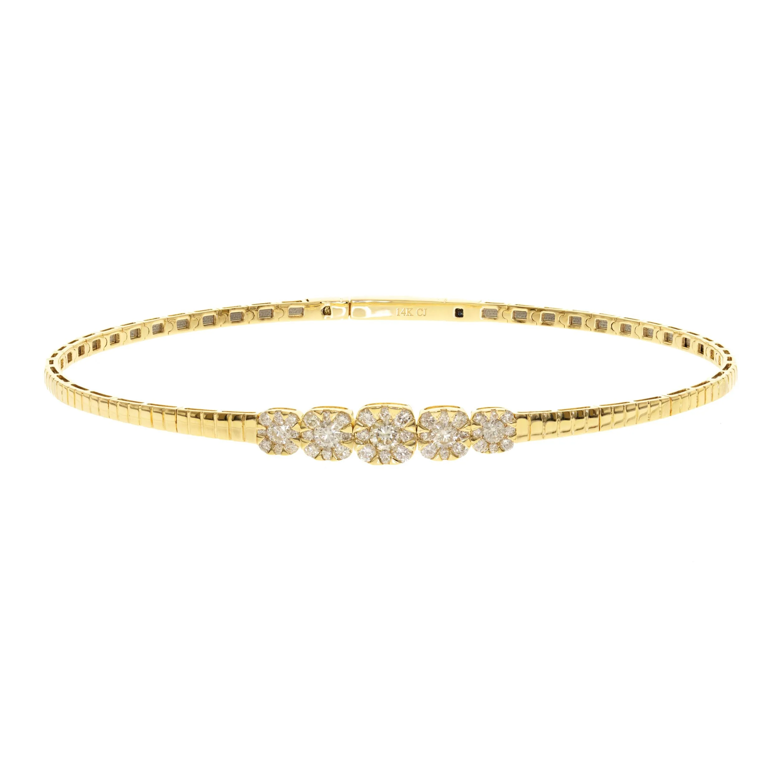 14k Yellow Gold Flex Bangle with Five Diamond Clusters