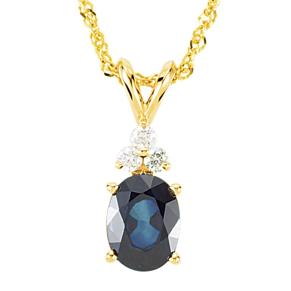 14k Yellow Gold Genuine Sapphire & Diamond Pendant on Sparkling Singapore Chain