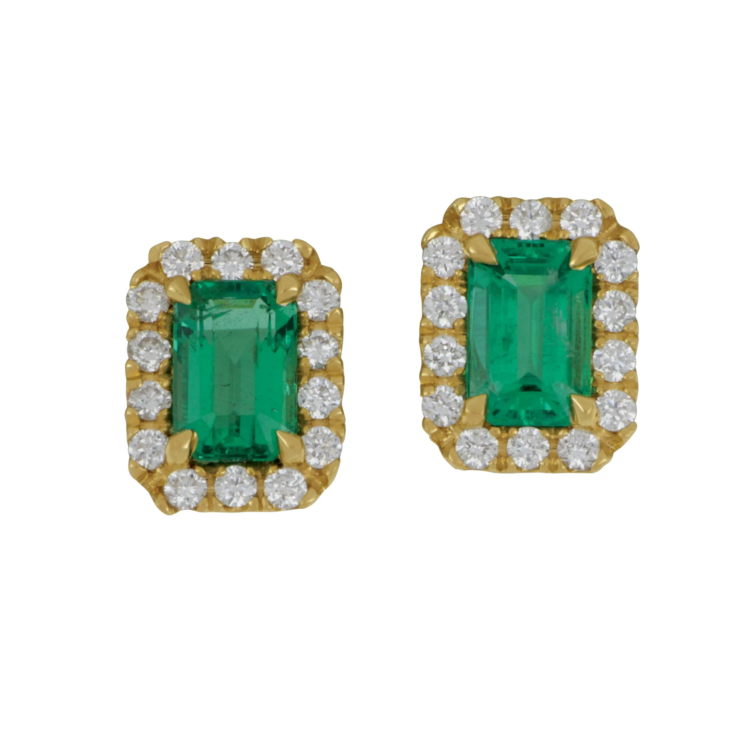 14k Yellow Gold Halo Emerald Cut Emerald and Diamond Stud earrings, EM=1.15tw, D=0.34tw GH/SI