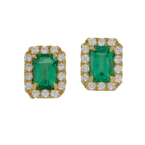 14k Yellow Gold Halo Emerald Cut Emerald and Diamond Stud earrings, EM=1.15tw, D=0.34tw GH/SI