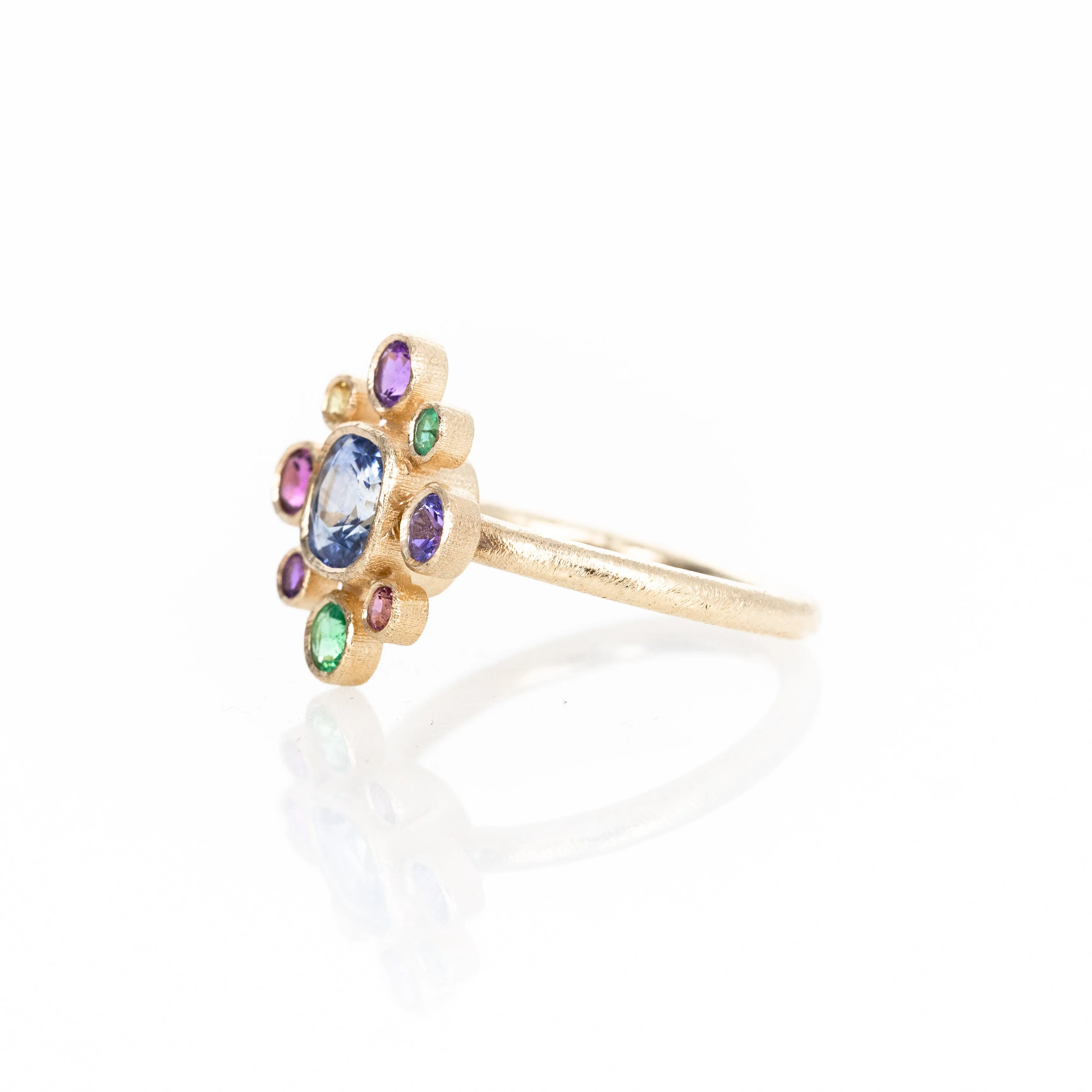 14K Yellow Gold Sapphire and Multicolor Gemstone Floral Cluster Bezel Ring