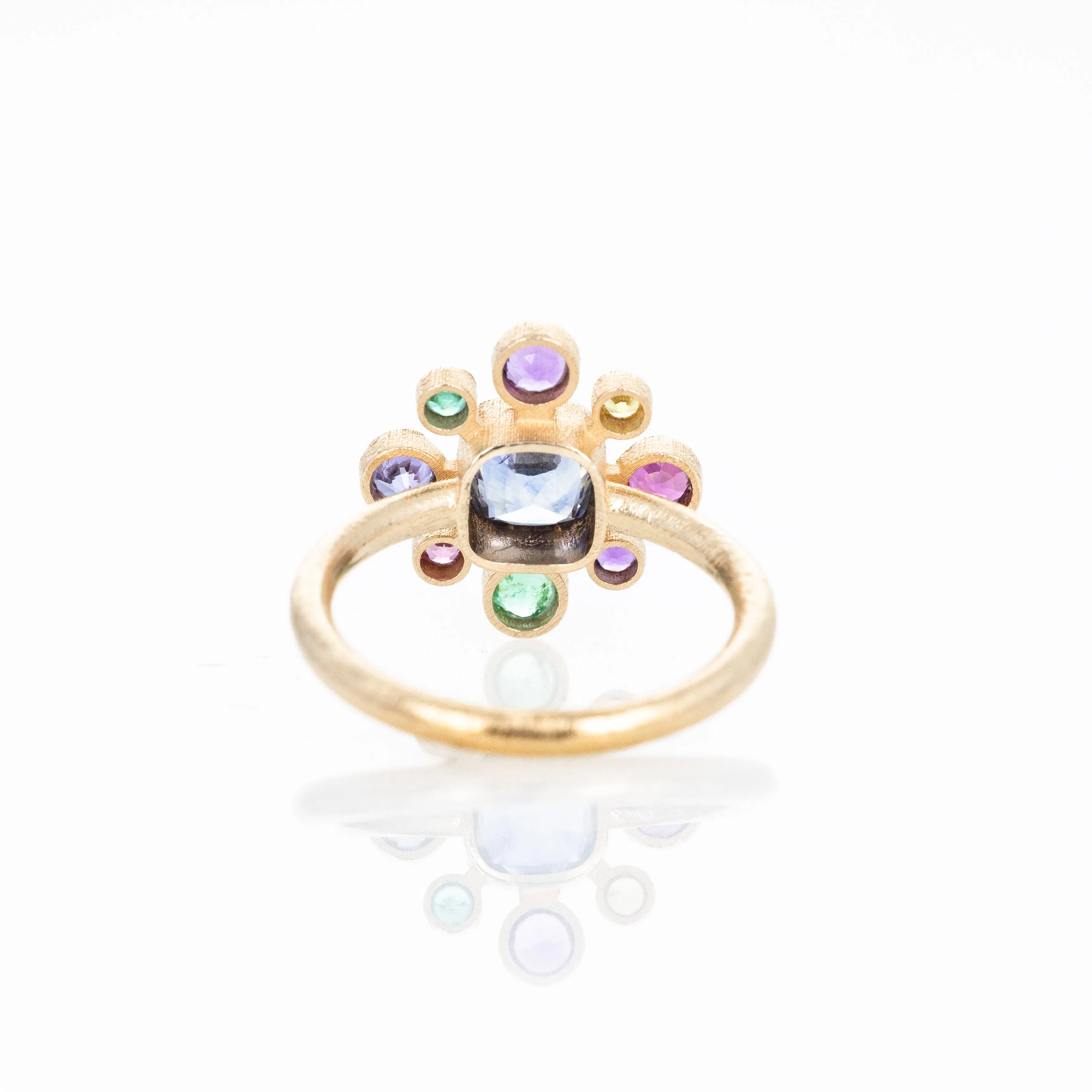14K Yellow Gold Sapphire and Multicolor Gemstone Floral Cluster Bezel Ring