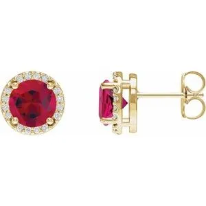 14K Yellow Lab-Grown Ruby & 1/10 CTW Natural Diamond Halo-Style Earrings