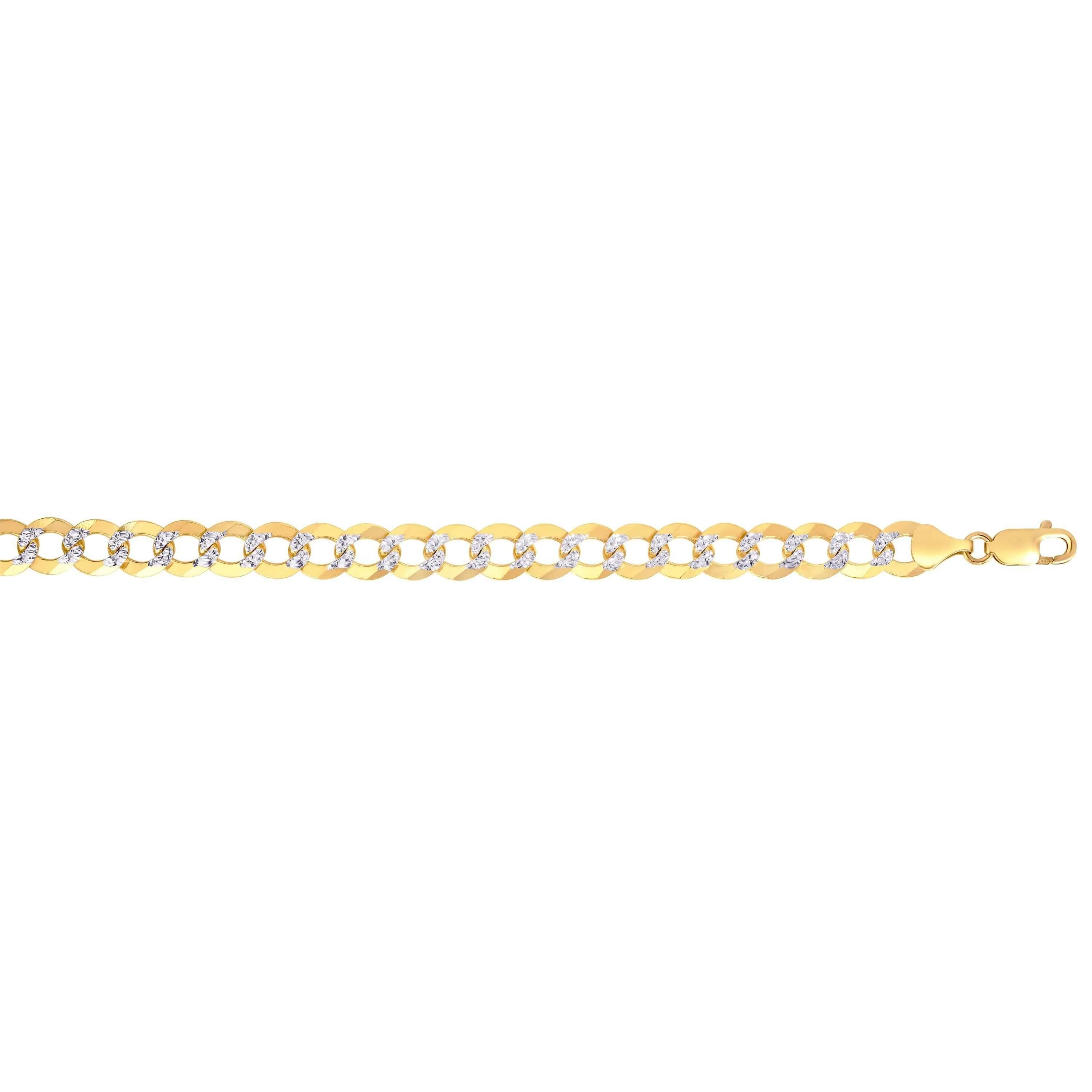 14kt Gold 8.75 inches Yellow White Finish 12.18mm Pave Curb Link Comfort Pave Curb Bracelet with Lobster Clasp
