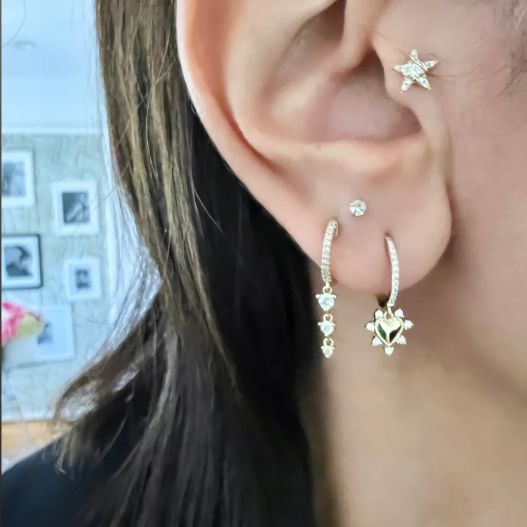 14KT Gold Diamond Dangling Heart Huggie Earrings