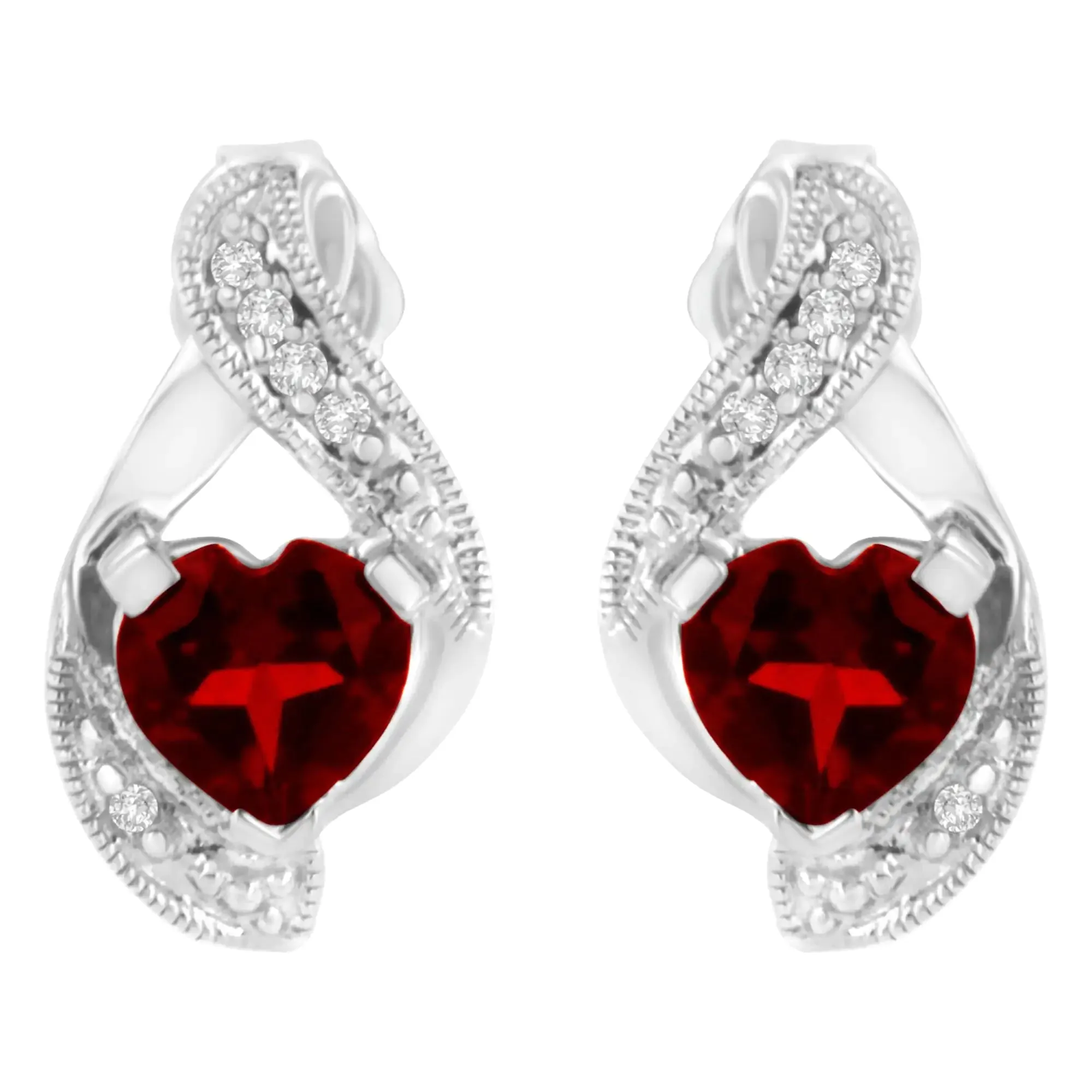 14KT White Gold 6x6mm Created Red Heart Garnet and Diamond Accent Earrings (I-J, I1-I2)