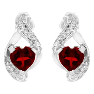 14KT White Gold 6x6mm Created Red Heart Garnet and Diamond Accent Earrings (I-J, I1-I2)