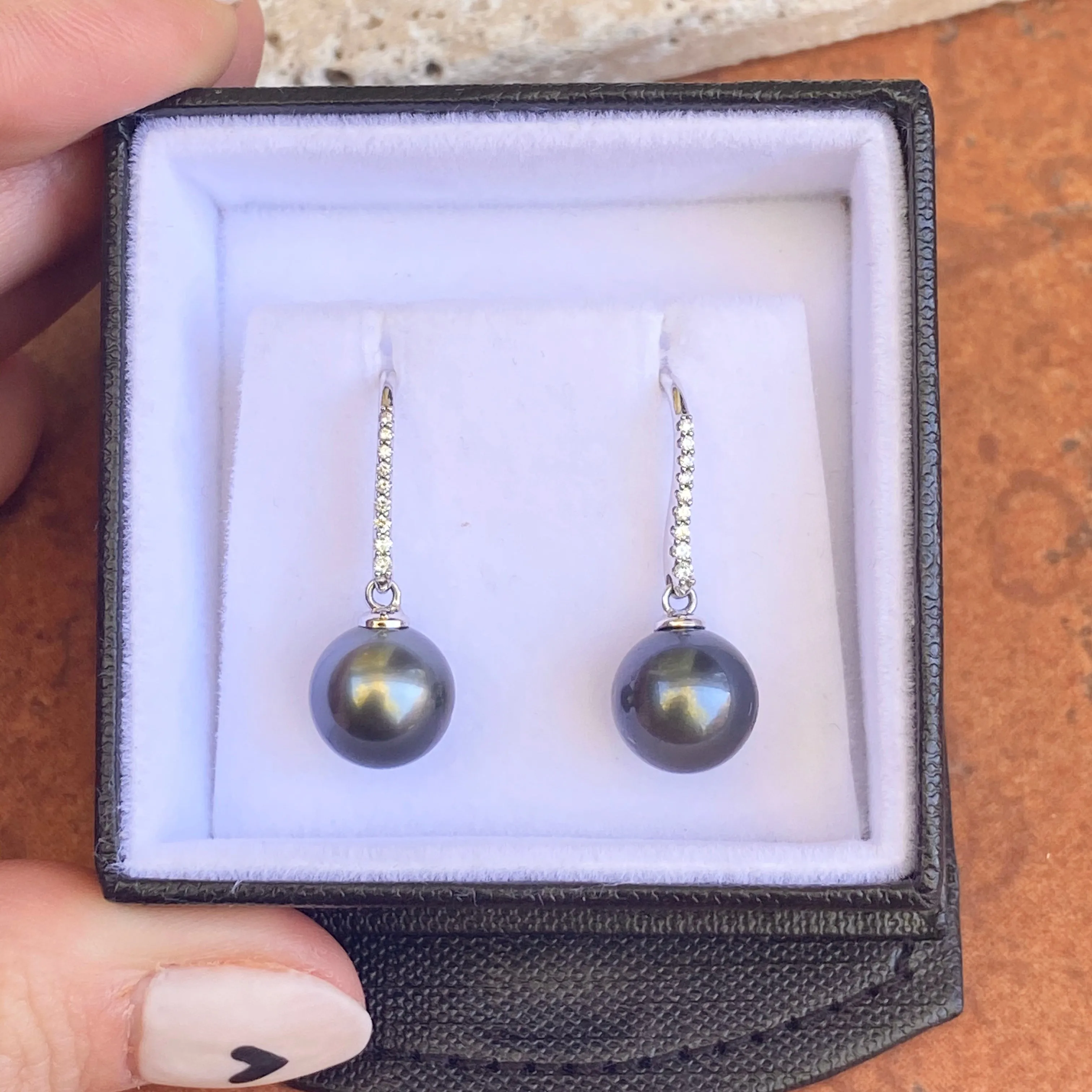14KT White Gold Black Tahitian Pearl   Pave Diamond Dangle Earrings