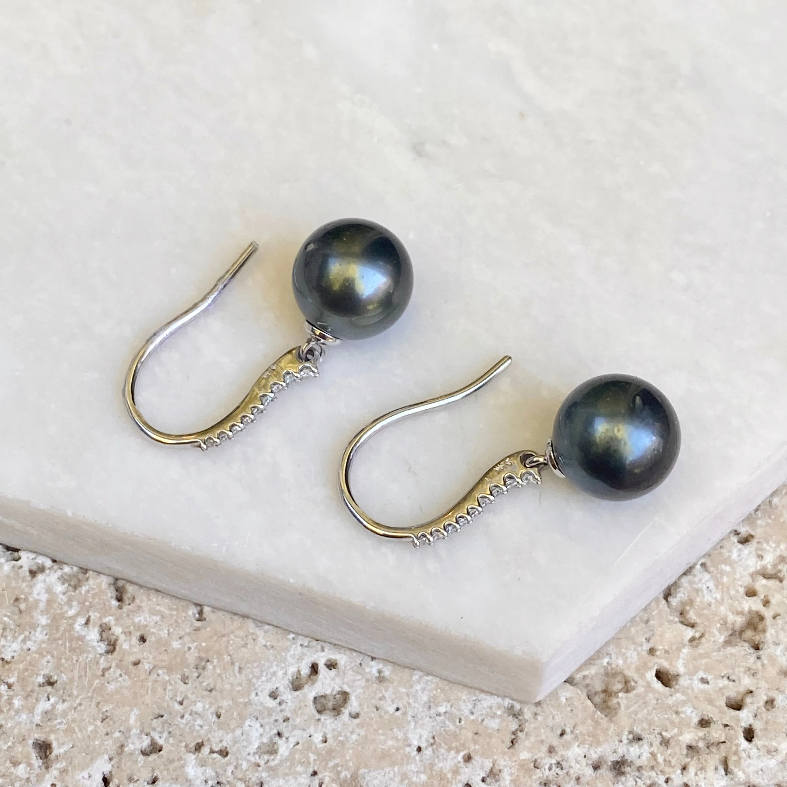 14KT White Gold Black Tahitian Pearl   Pave Diamond Dangle Earrings