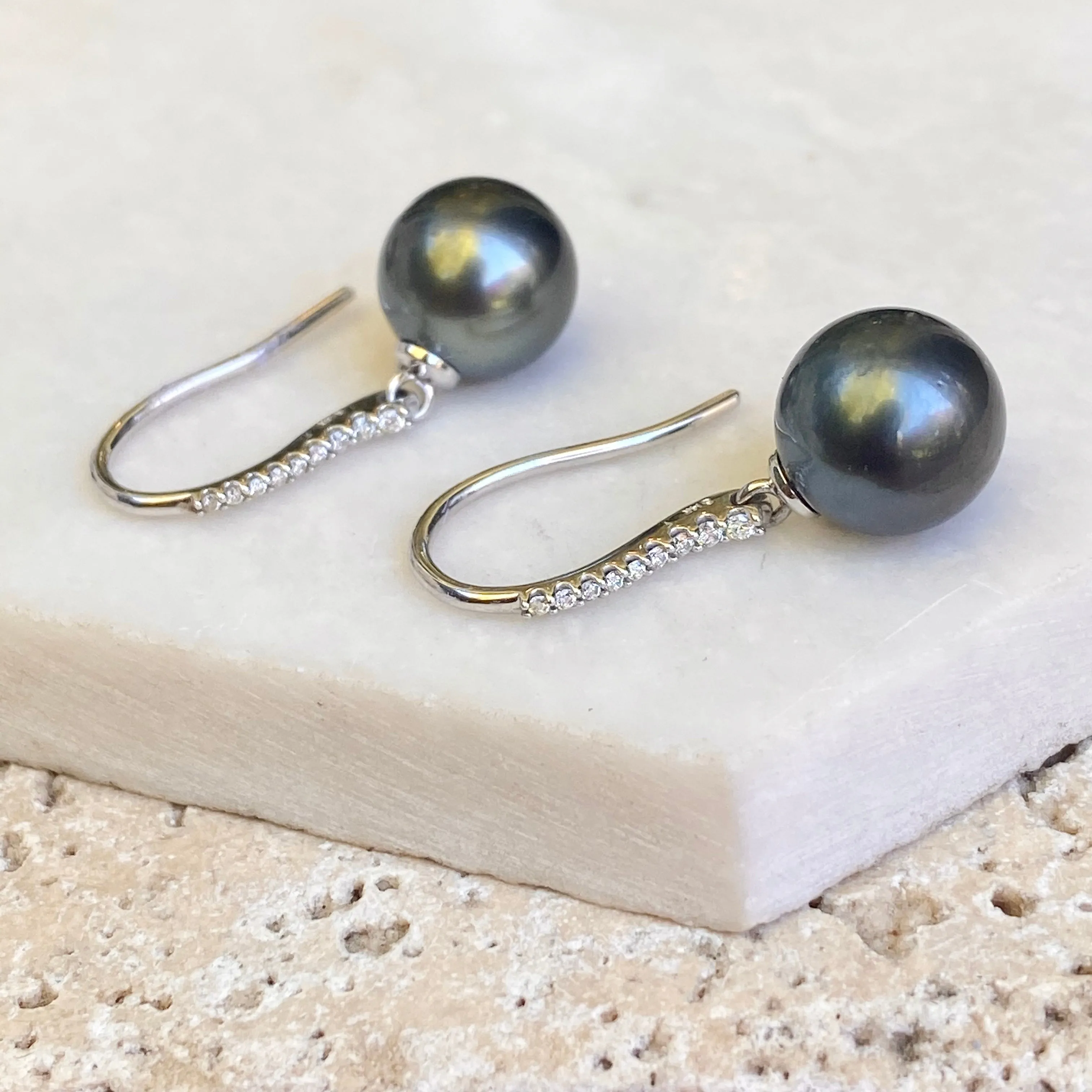 14KT White Gold Black Tahitian Pearl   Pave Diamond Dangle Earrings