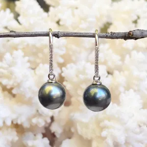 14KT White Gold Black Tahitian Pearl   Pave Diamond Dangle Earrings