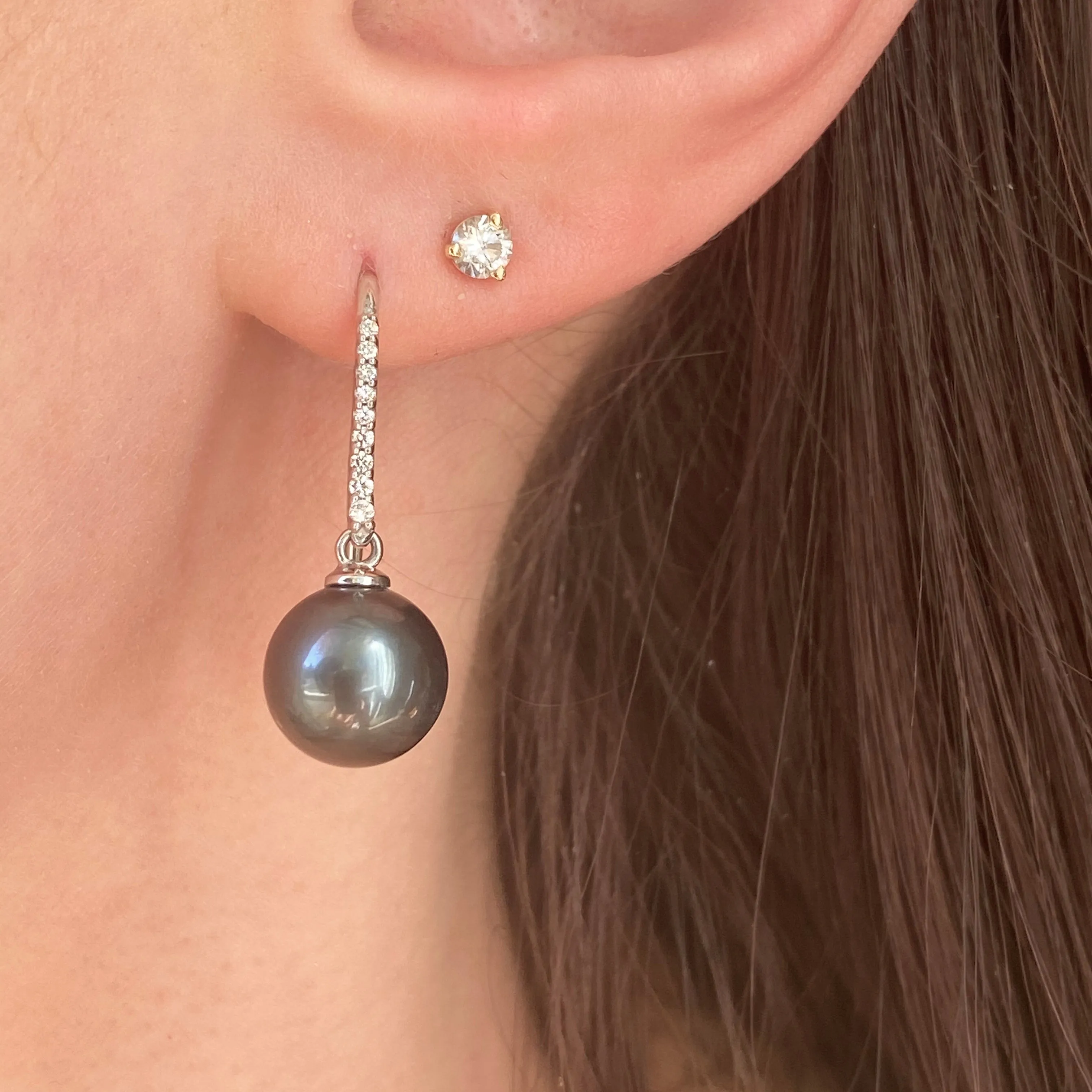 14KT White Gold Black Tahitian Pearl   Pave Diamond Dangle Earrings
