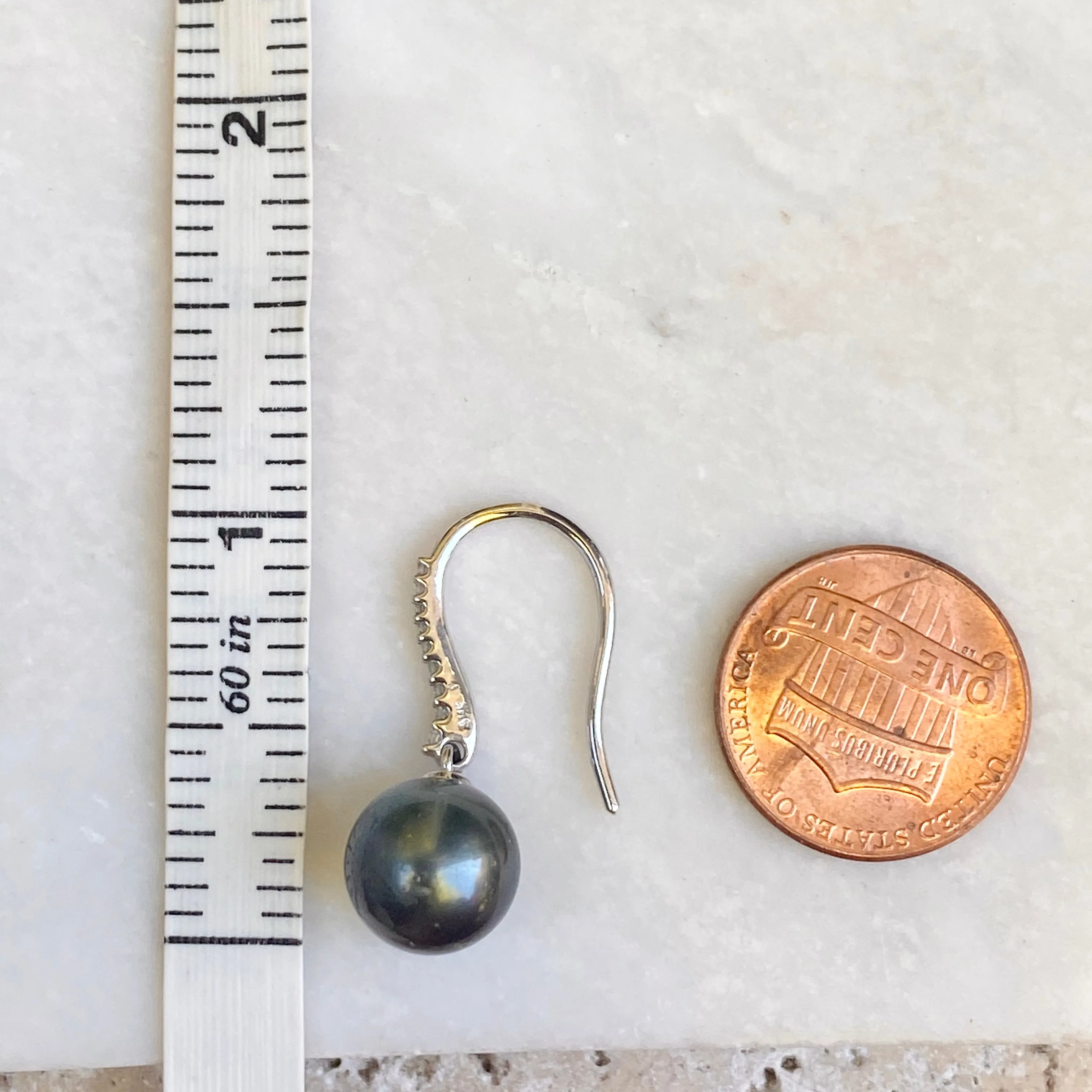 14KT White Gold Black Tahitian Pearl   Pave Diamond Dangle Earrings