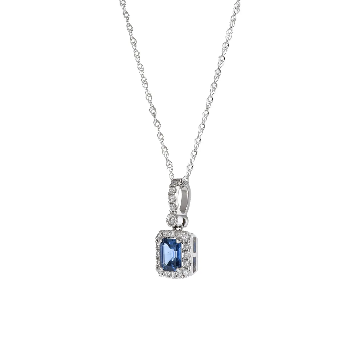 14KT White Gold Emerald Cut Sapphire And Diamond Necklace