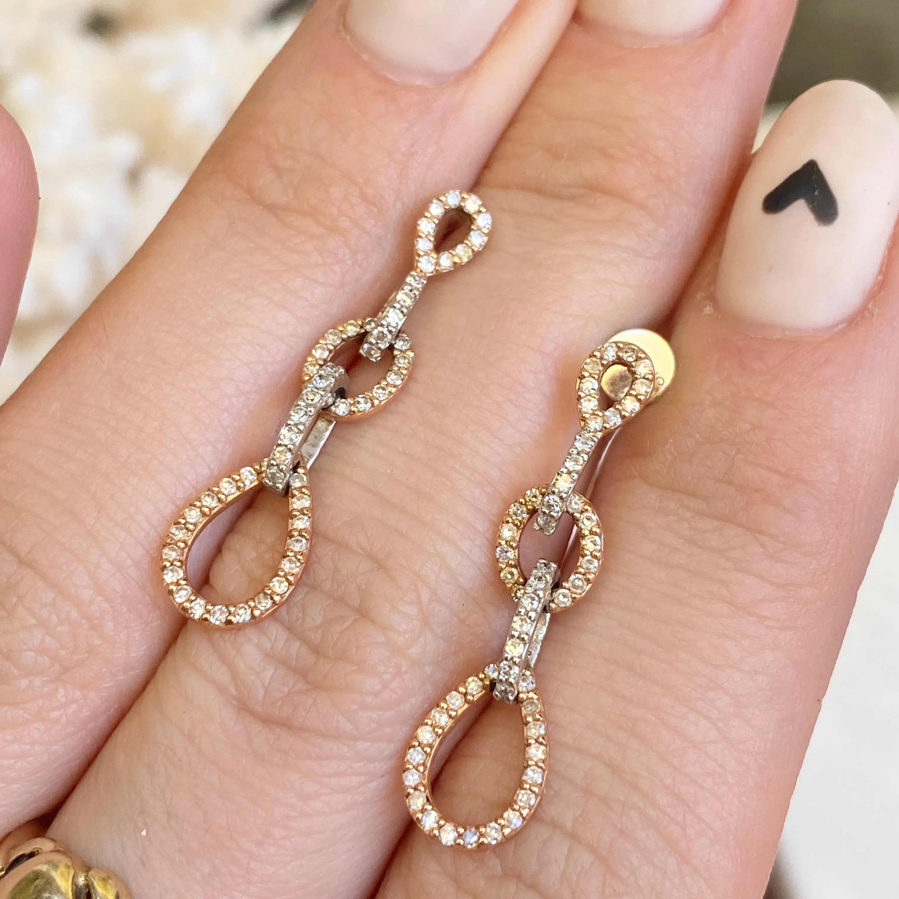 14KT White Gold   Rose Gold Pave Diamond Interlocking Circle Earrings