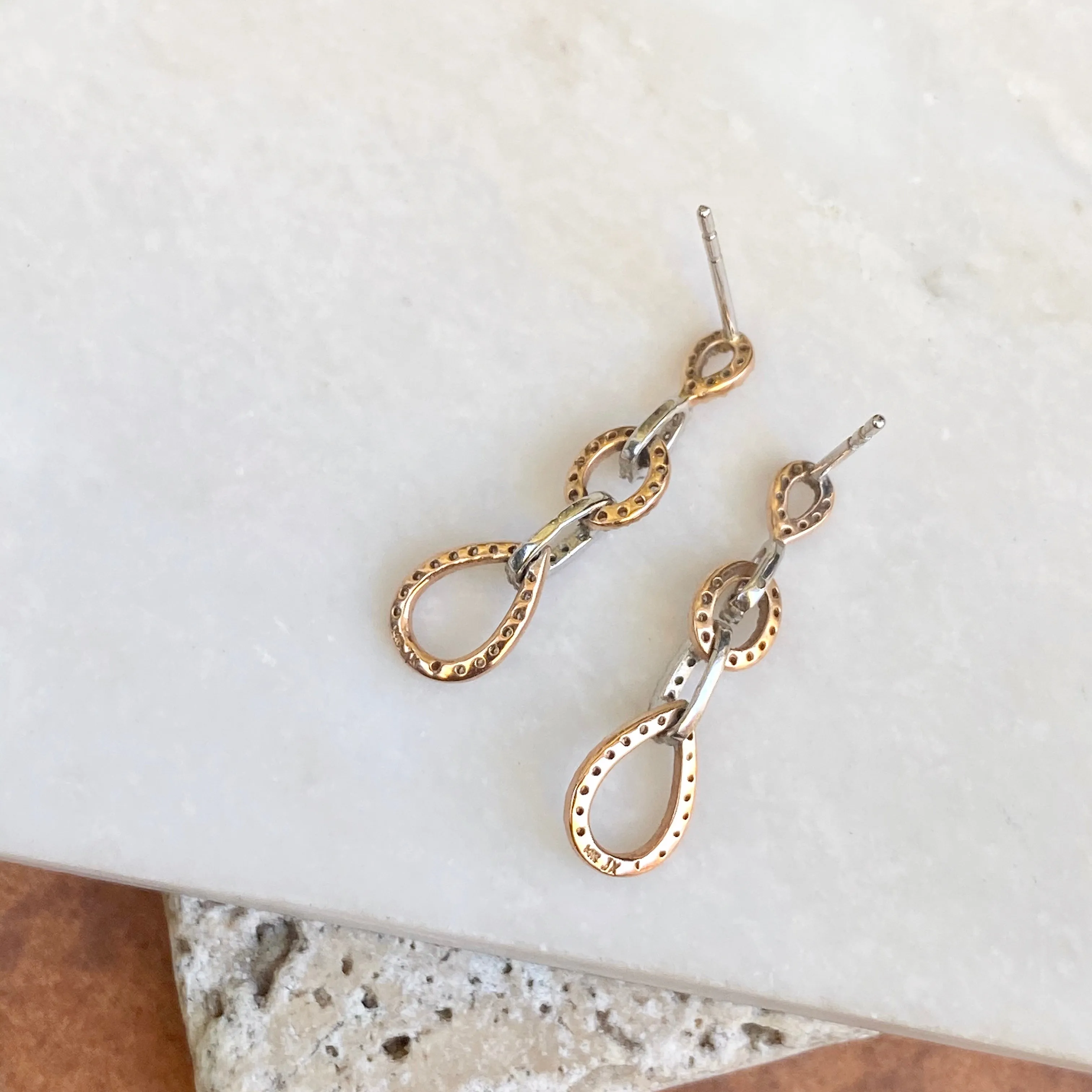 14KT White Gold   Rose Gold Pave Diamond Interlocking Circle Earrings