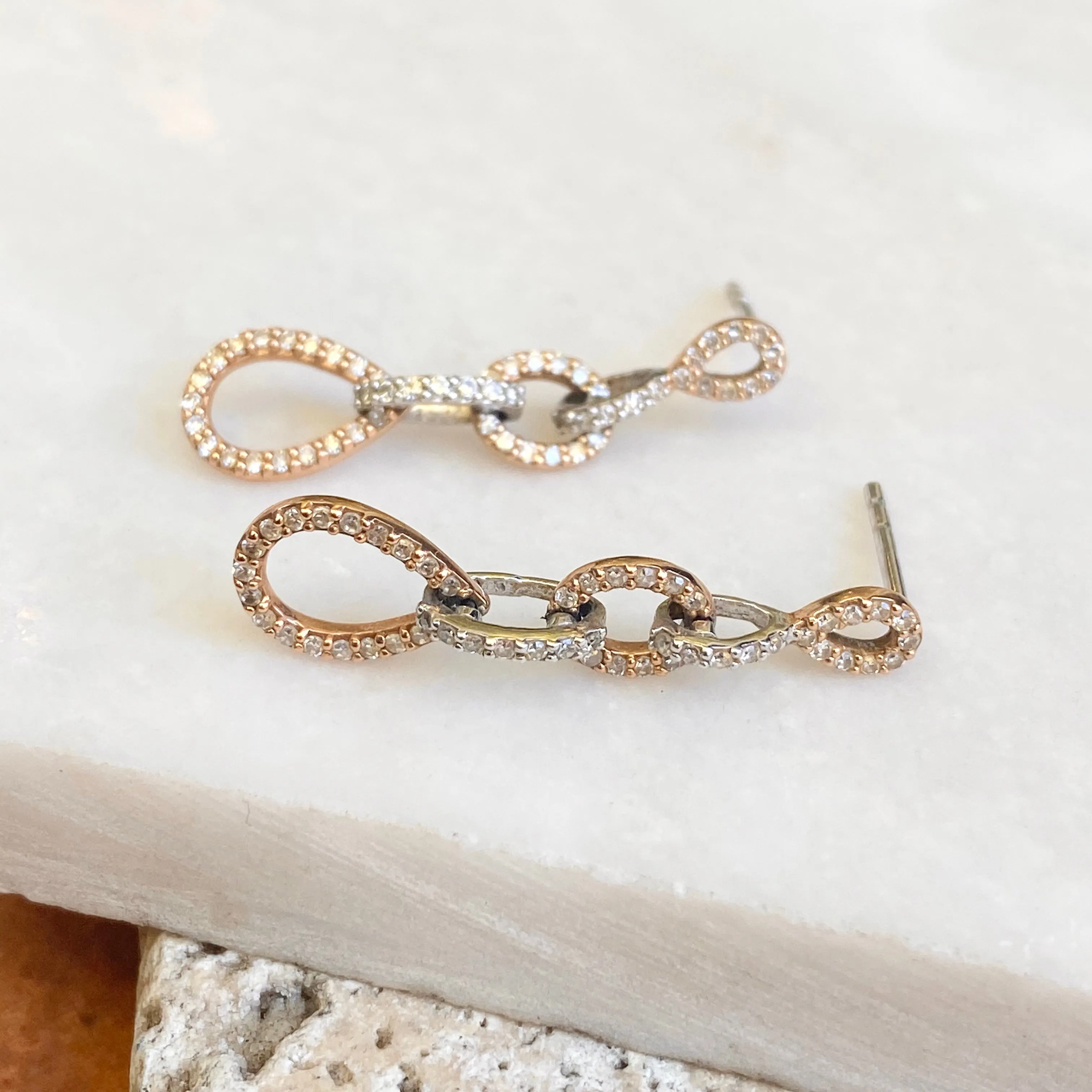 14KT White Gold   Rose Gold Pave Diamond Interlocking Circle Earrings