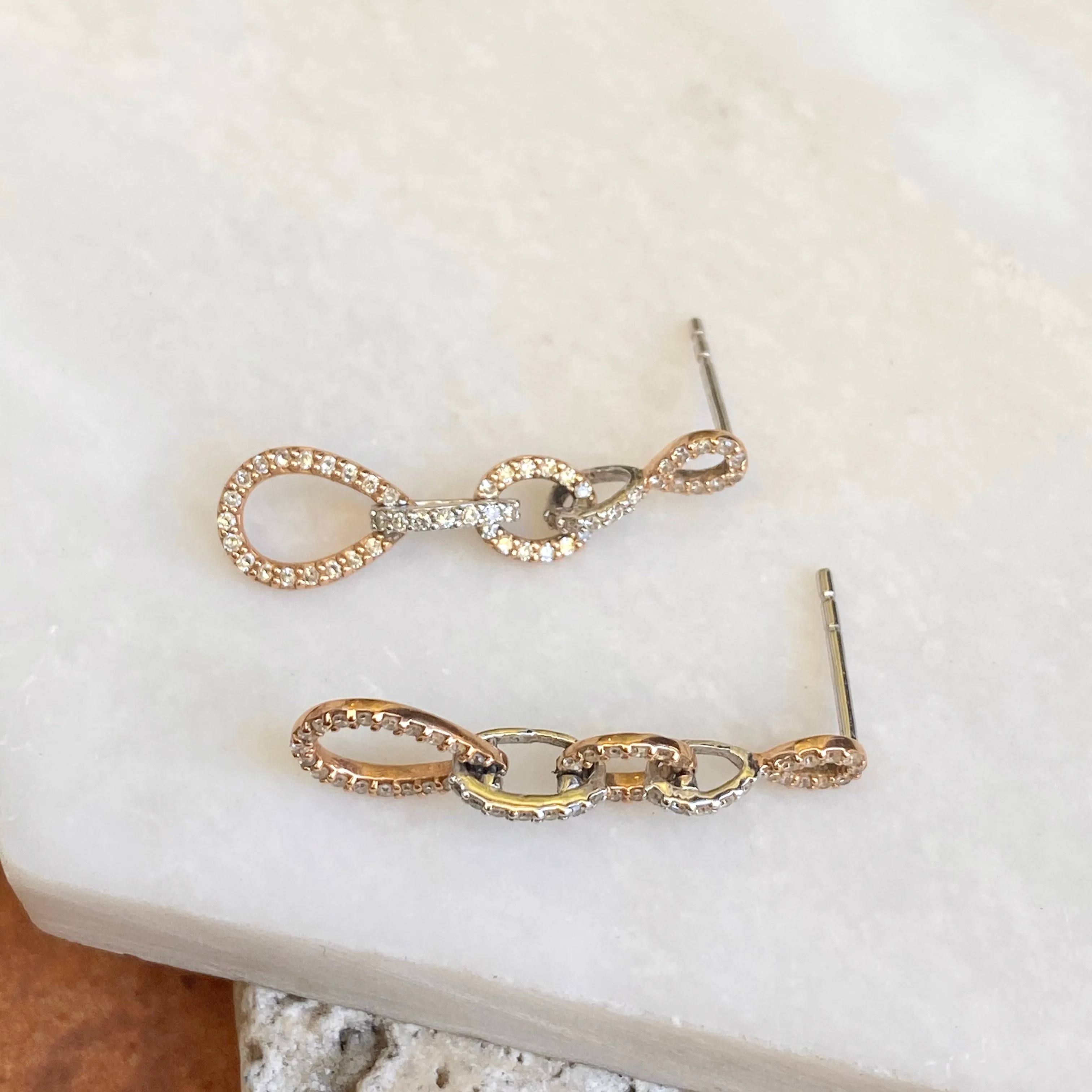 14KT White Gold   Rose Gold Pave Diamond Interlocking Circle Earrings