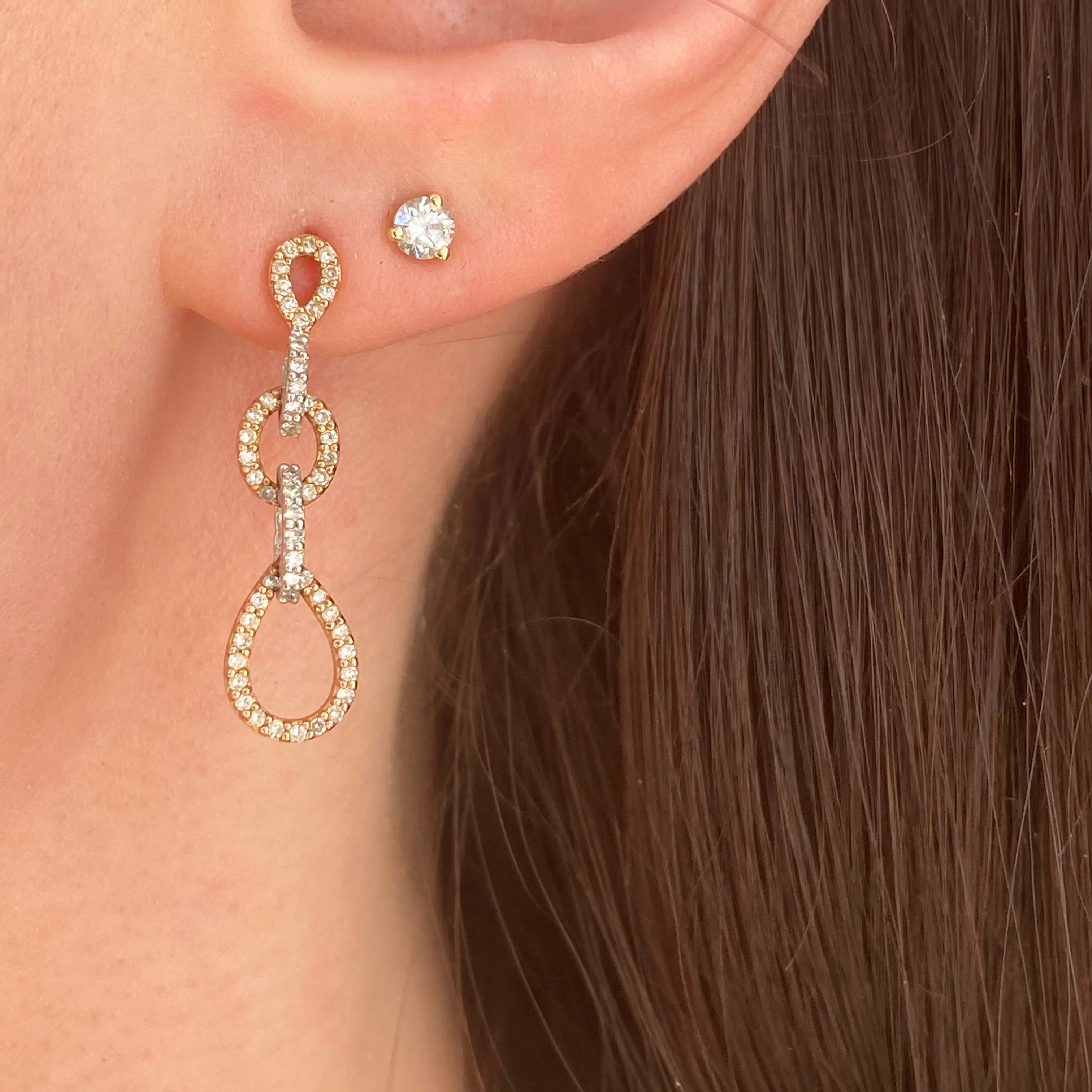 14KT White Gold   Rose Gold Pave Diamond Interlocking Circle Earrings