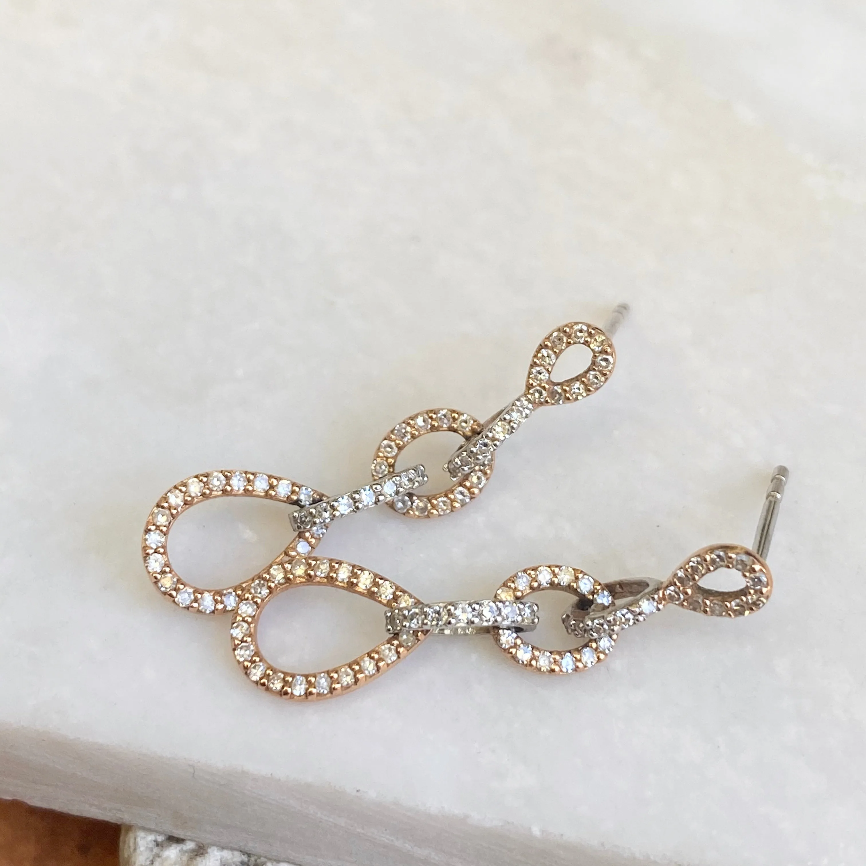 14KT White Gold   Rose Gold Pave Diamond Interlocking Circle Earrings