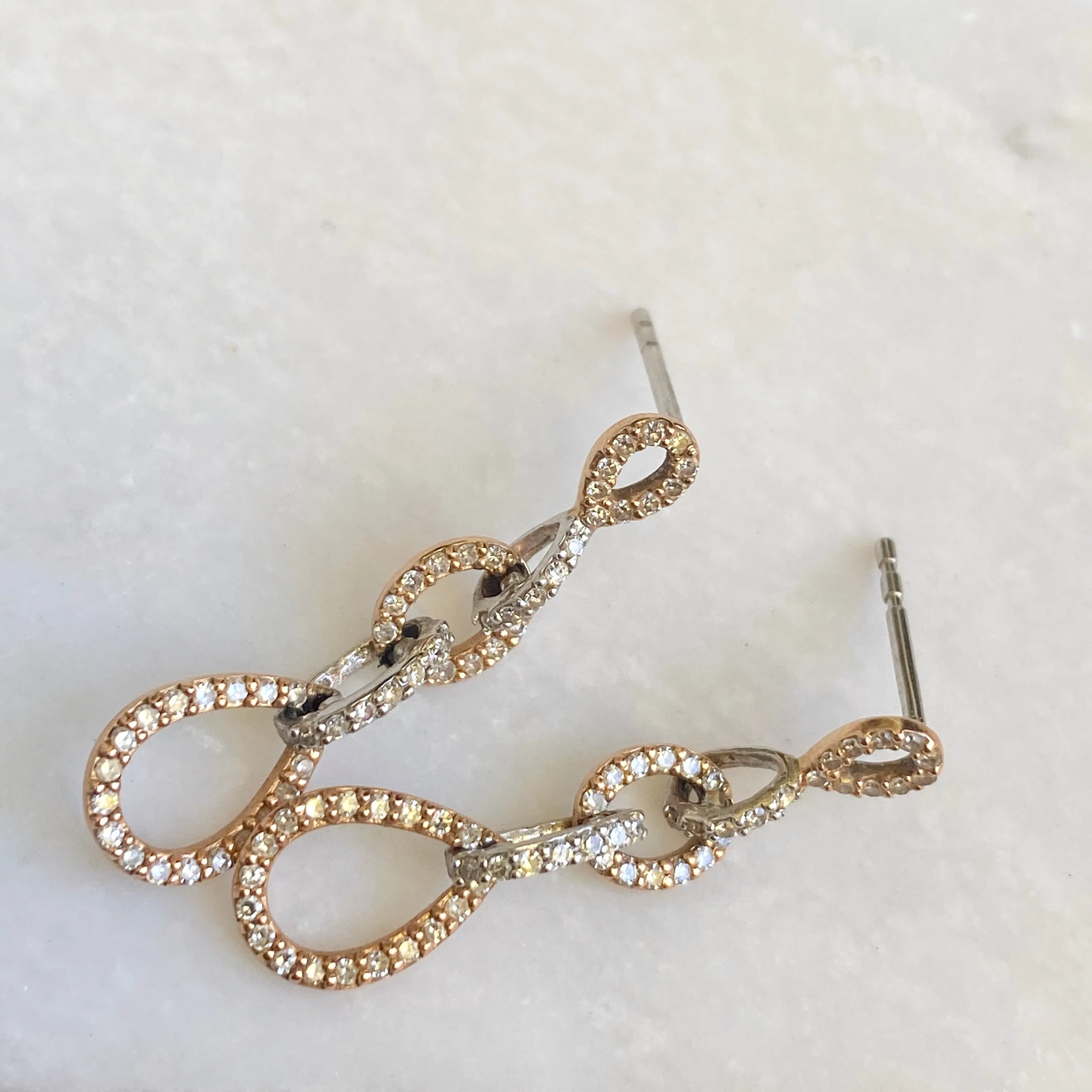 14KT White Gold   Rose Gold Pave Diamond Interlocking Circle Earrings