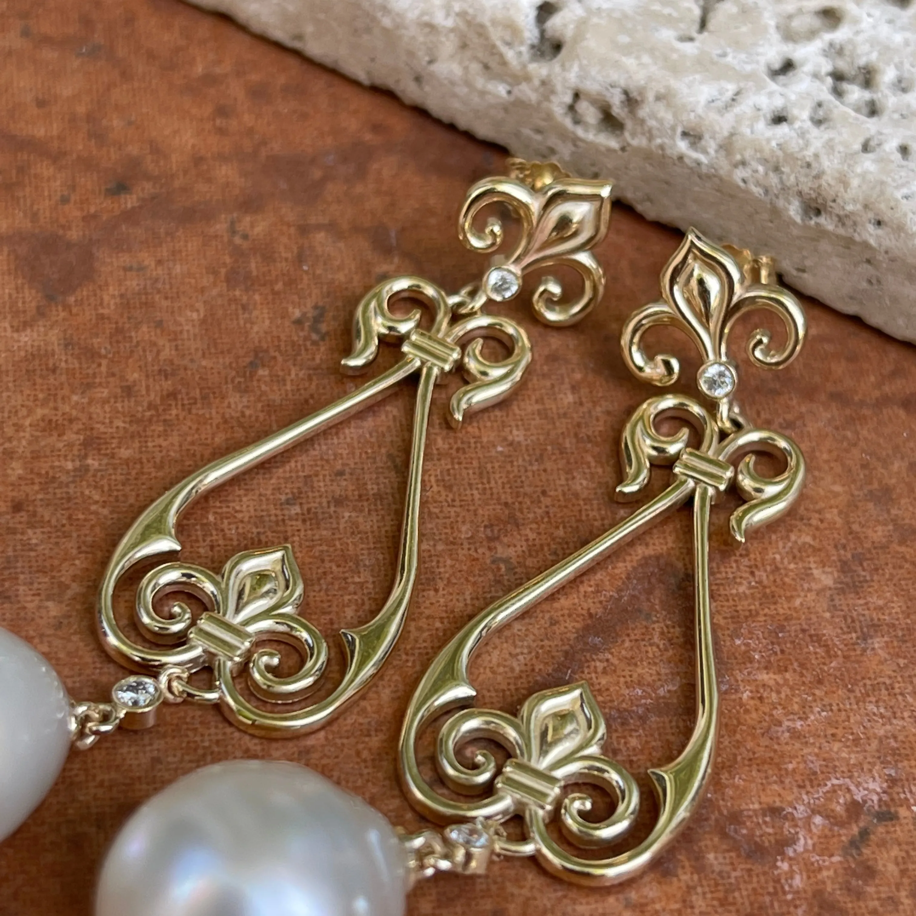 14KT Yellow Gold Paspaley South Sea Pearl   Diamond Fleur de Lis Dangle Earrings