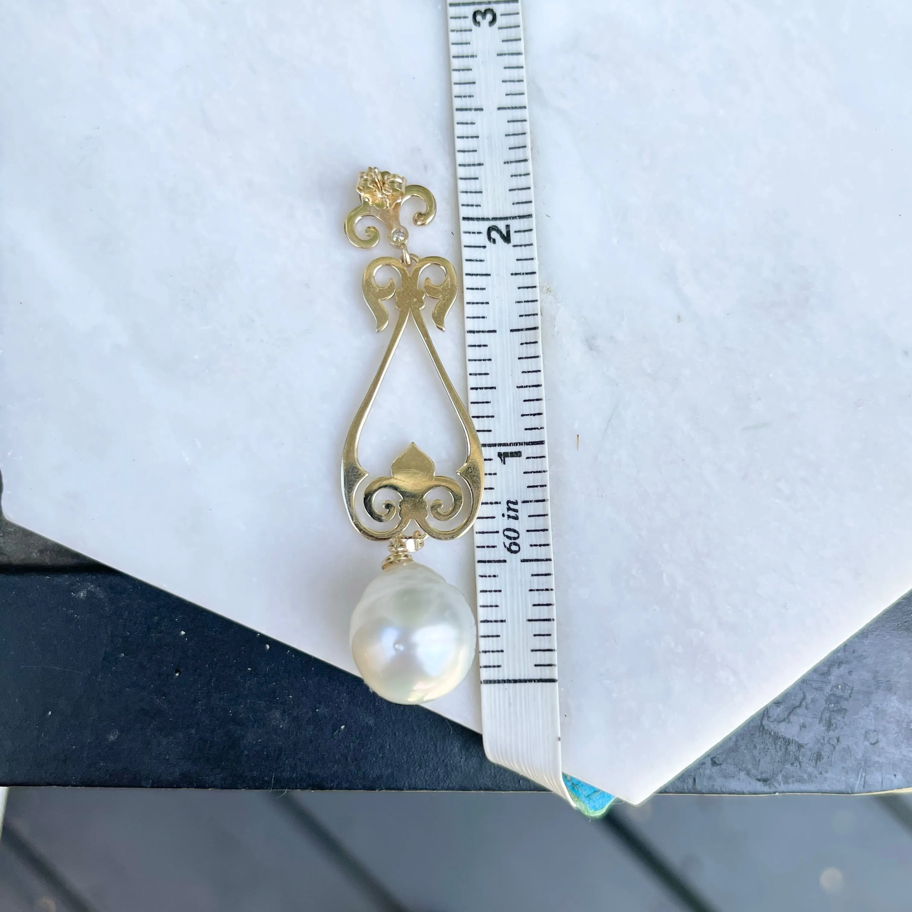 14KT Yellow Gold Paspaley South Sea Pearl   Diamond Fleur de Lis Dangle Earrings