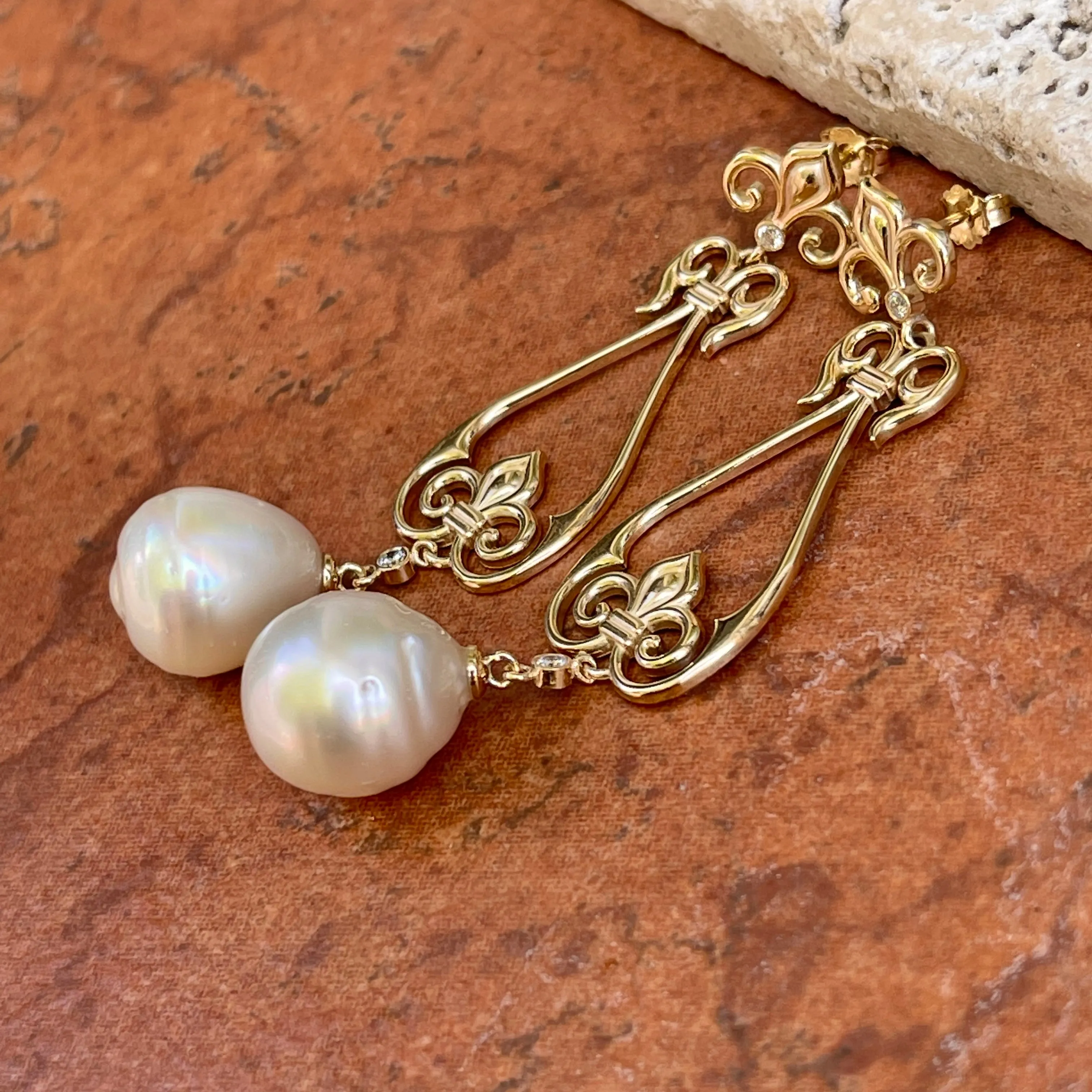 14KT Yellow Gold Paspaley South Sea Pearl   Diamond Fleur de Lis Dangle Earrings