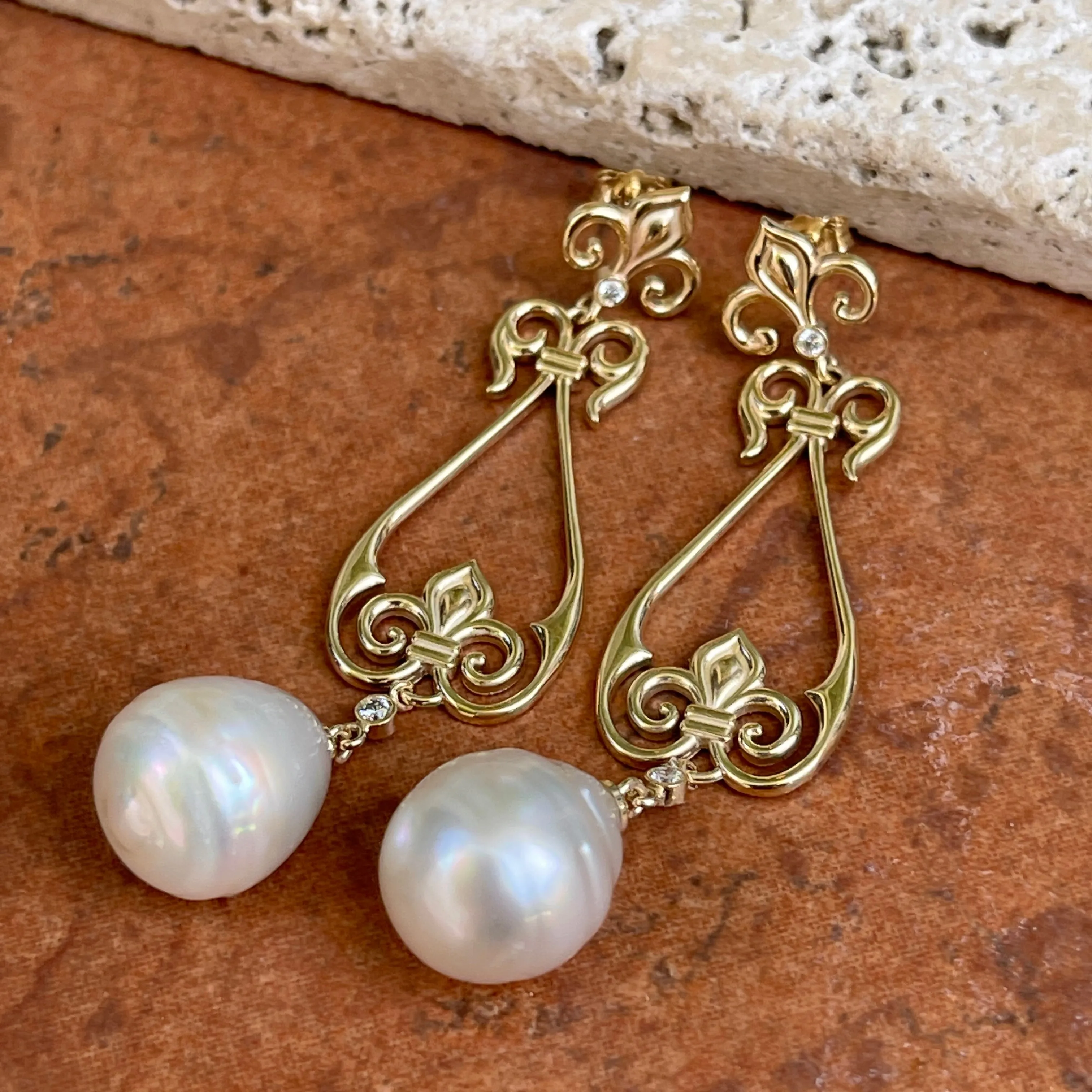 14KT Yellow Gold Paspaley South Sea Pearl   Diamond Fleur de Lis Dangle Earrings