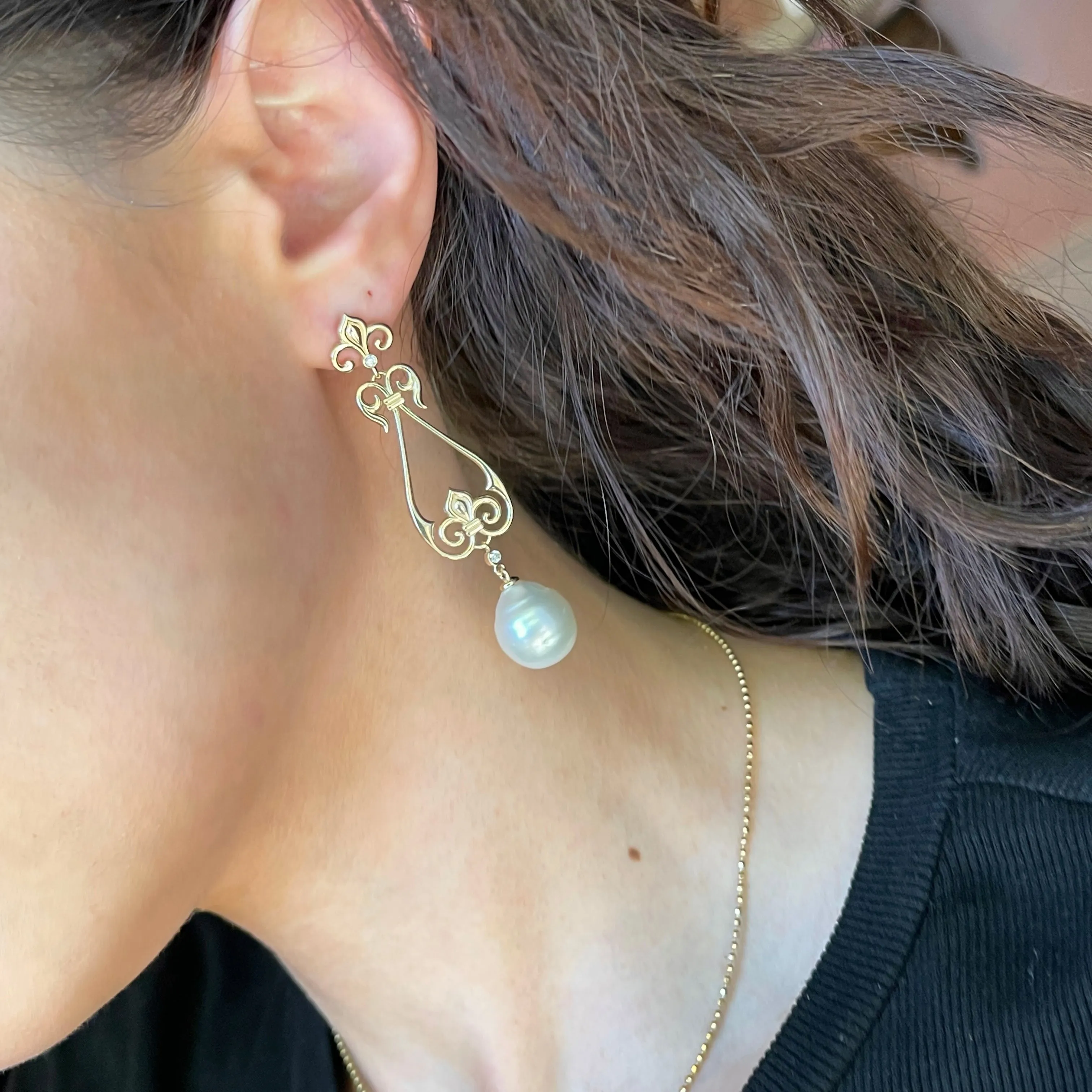14KT Yellow Gold Paspaley South Sea Pearl   Diamond Fleur de Lis Dangle Earrings