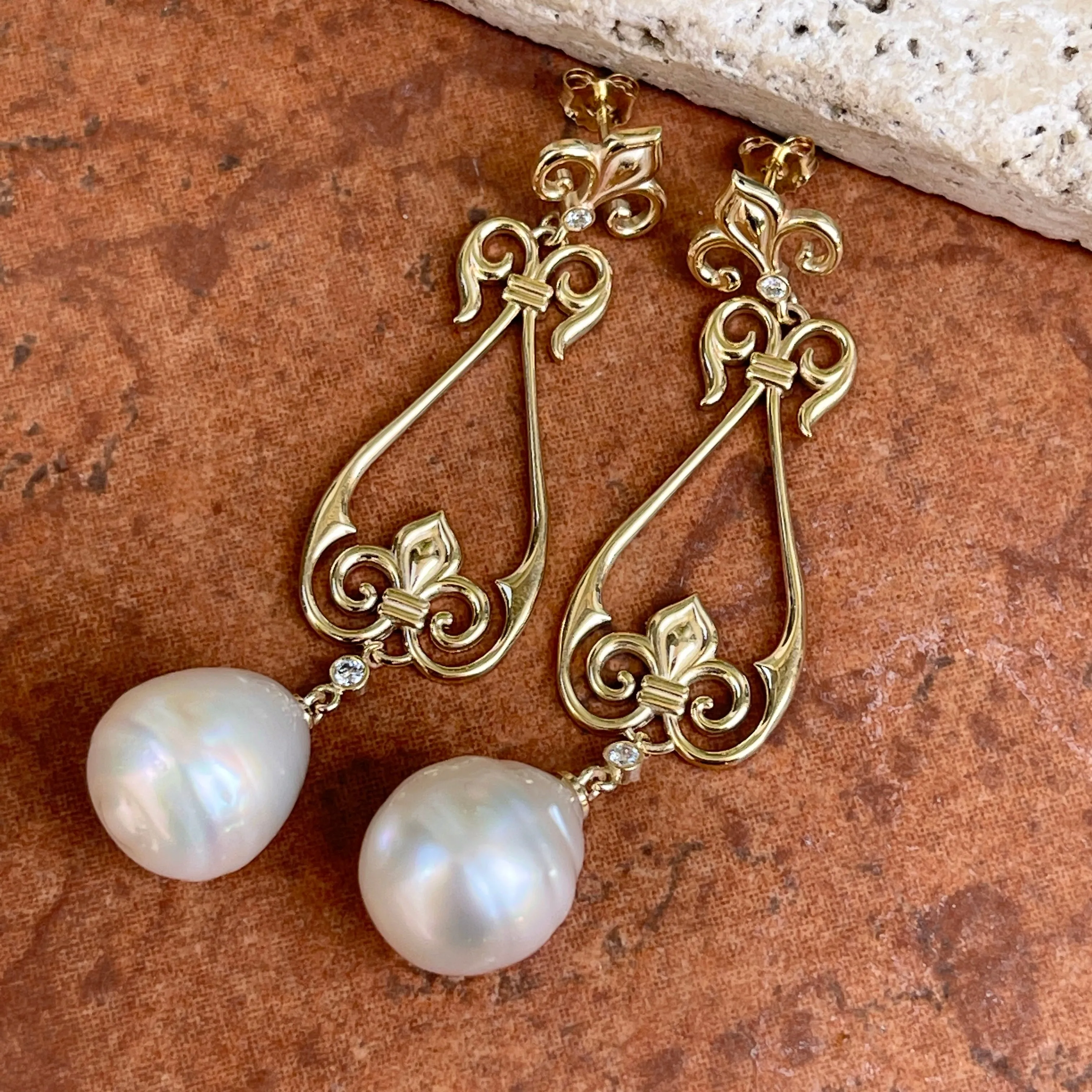 14KT Yellow Gold Paspaley South Sea Pearl   Diamond Fleur de Lis Dangle Earrings