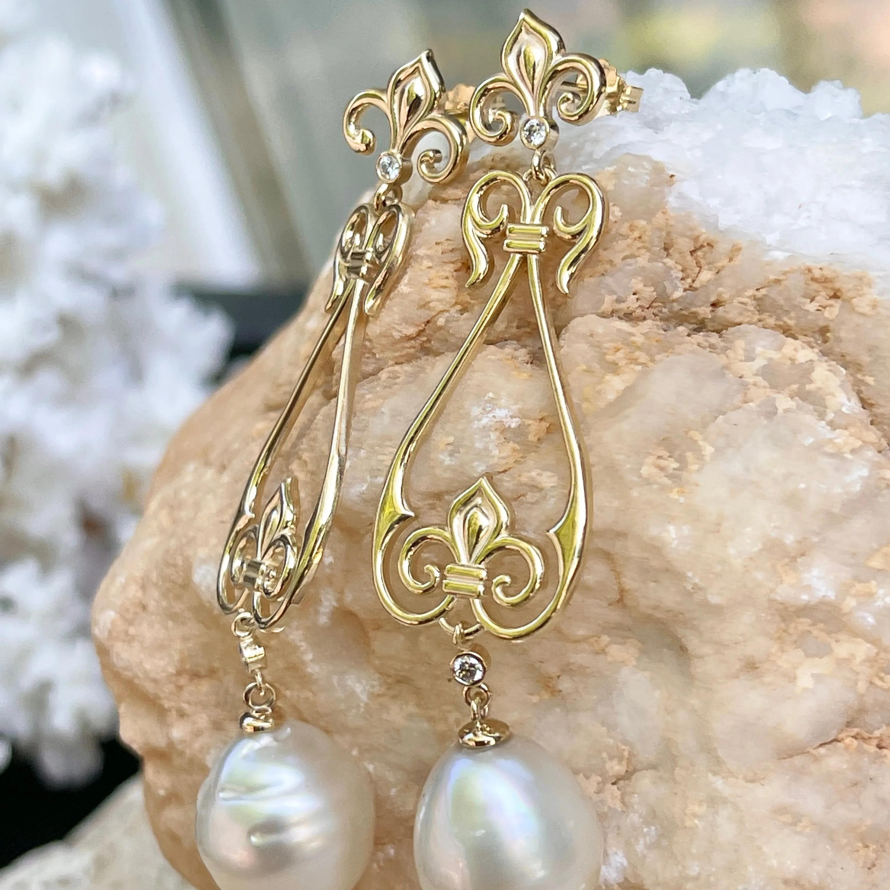 14KT Yellow Gold Paspaley South Sea Pearl   Diamond Fleur de Lis Dangle Earrings