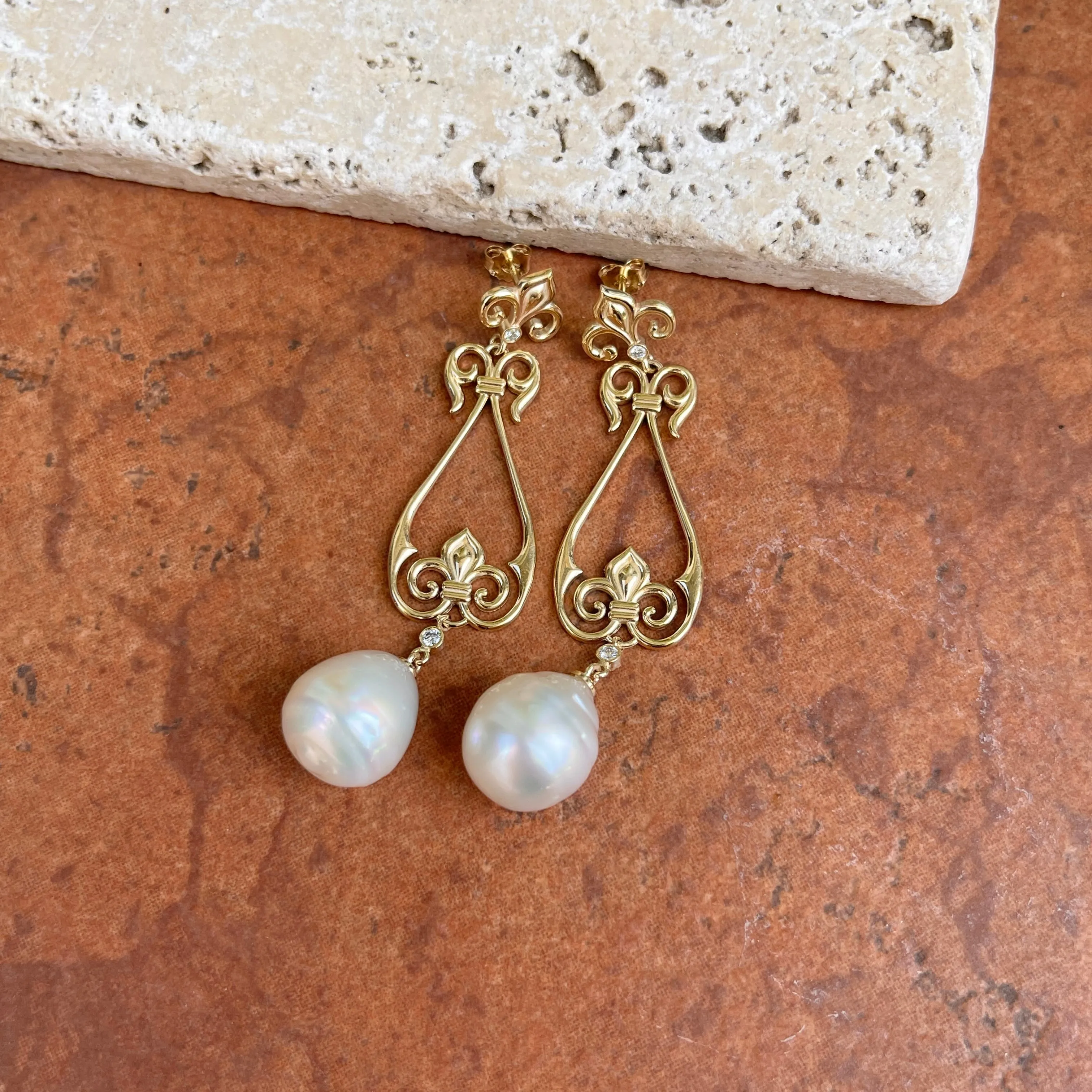 14KT Yellow Gold Paspaley South Sea Pearl   Diamond Fleur de Lis Dangle Earrings