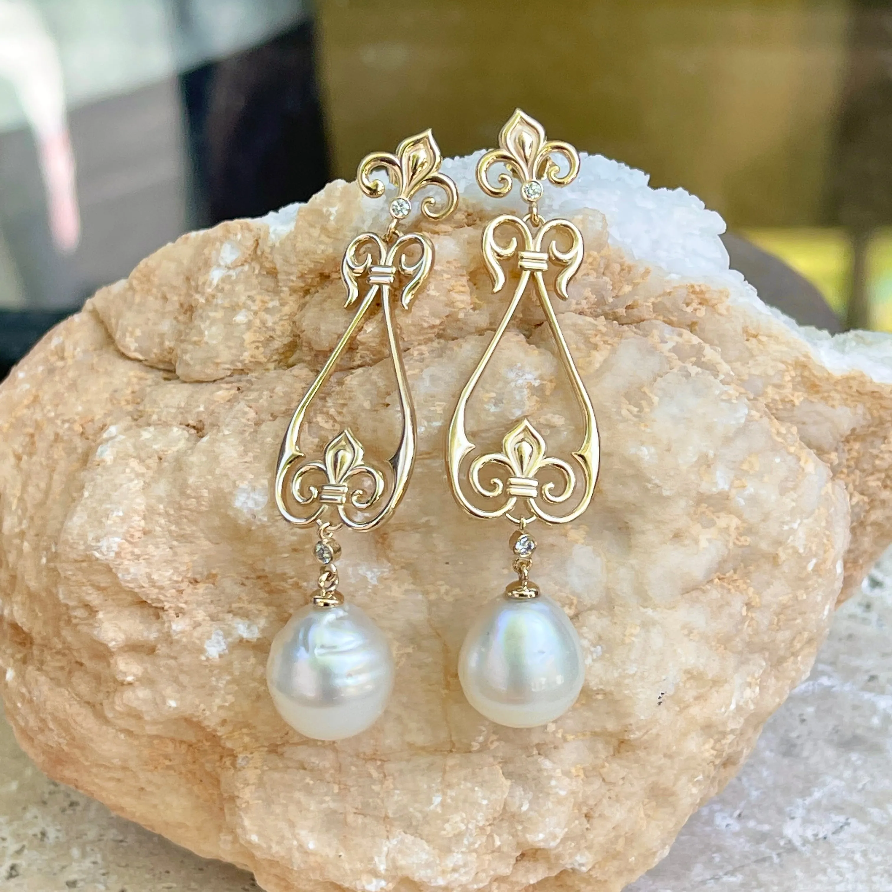 14KT Yellow Gold Paspaley South Sea Pearl   Diamond Fleur de Lis Dangle Earrings
